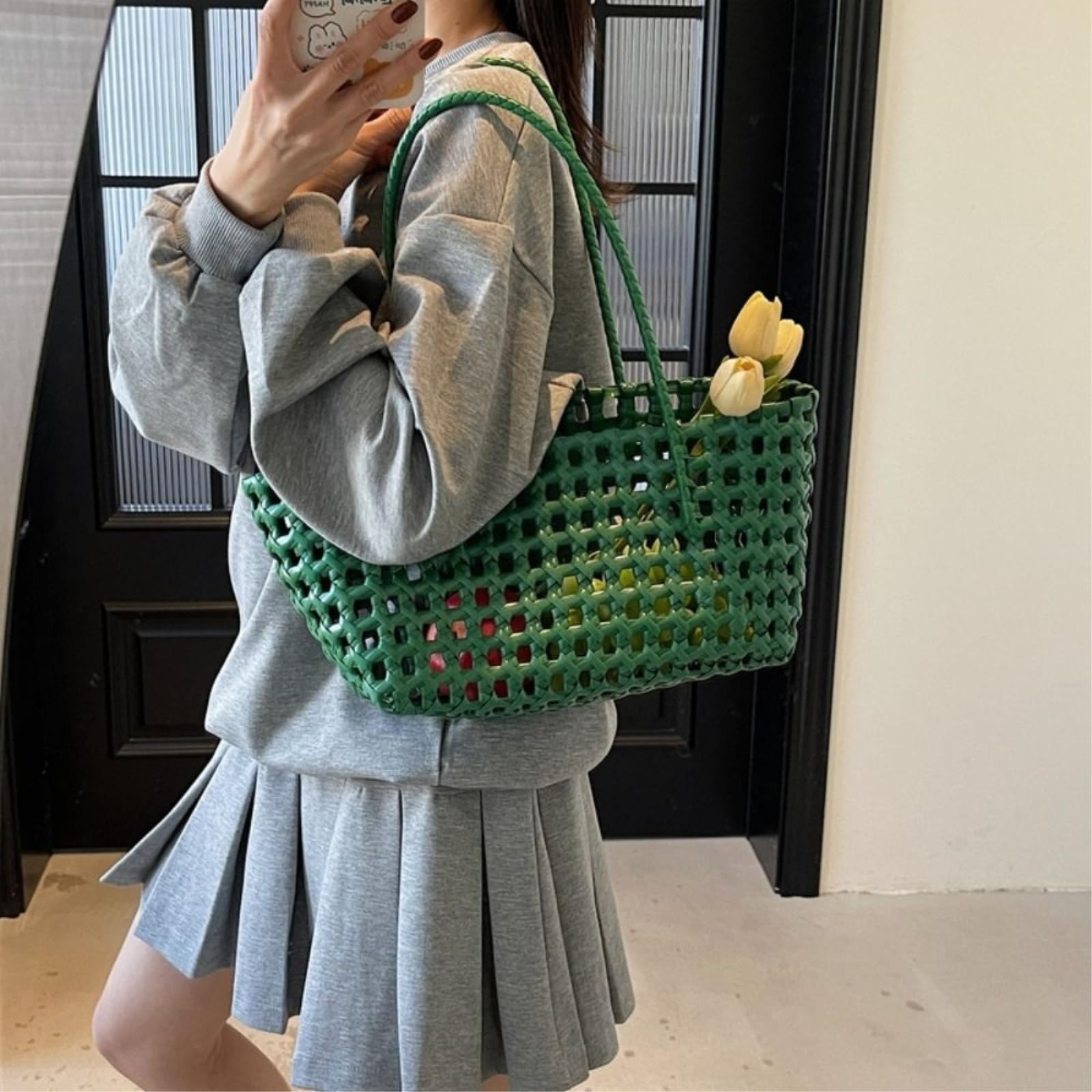 Borsa Spalla Paglia in Tessuto Cavo A Griglia Aperto Retangolo Casual di Spiaggia Estiva Grande capacità-Red