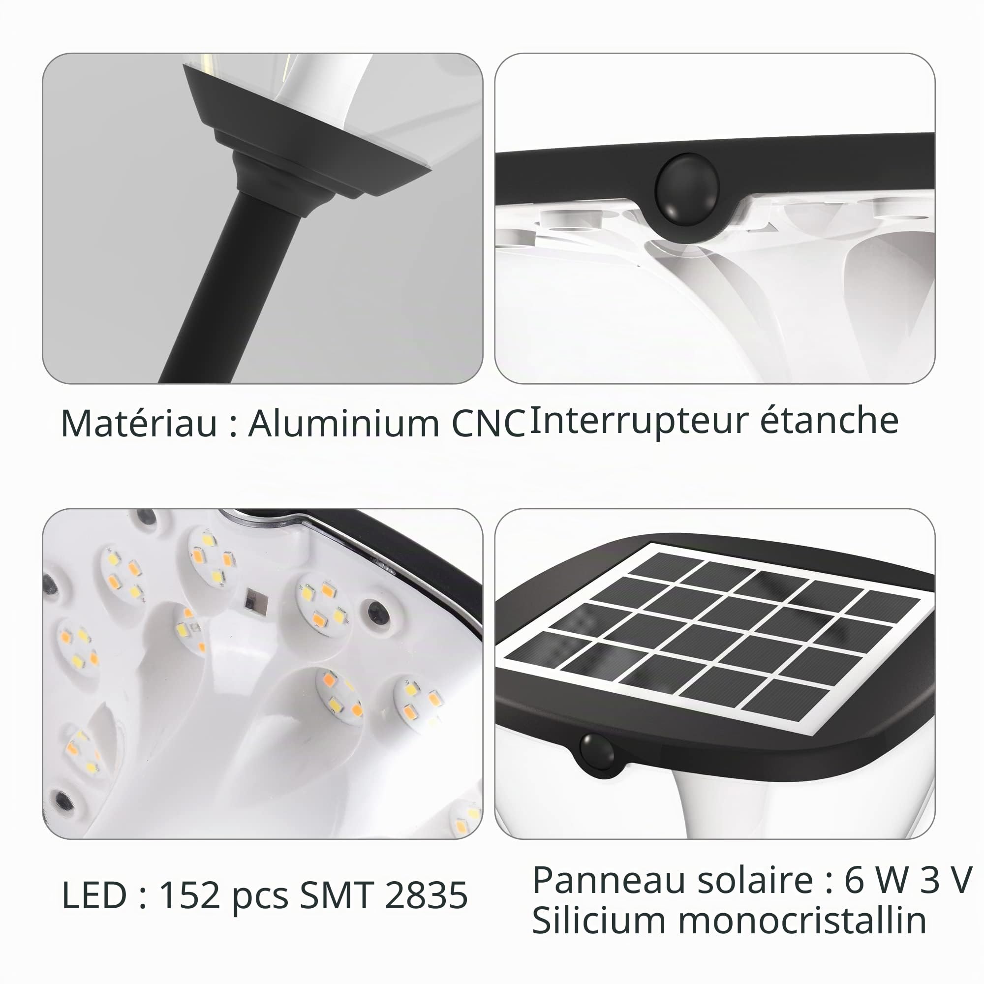 Lampe Solaire Extérieur Jardin, Étanche IP65 Sans Fil avec Batterie 2600mAh, Lumière Solaire Extérieur 3000-6000K Réglable en Aluminium, Éclairage pour Chemins, Borne Solaire