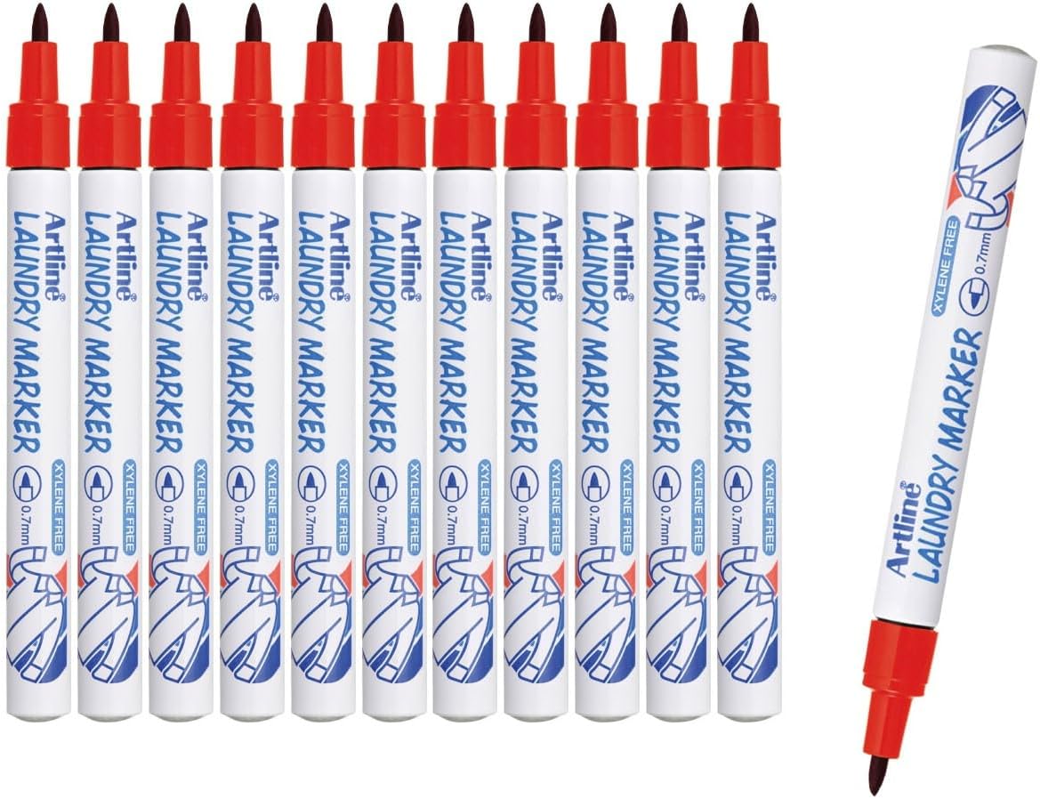 Artline Laundry Fabric Markers Permanent for Clothes, High Density Instant Dry Ink for Bright Clothing & Labels, Fabric Marker with 0.7 mm Fine Tip, Red, Pack of 12