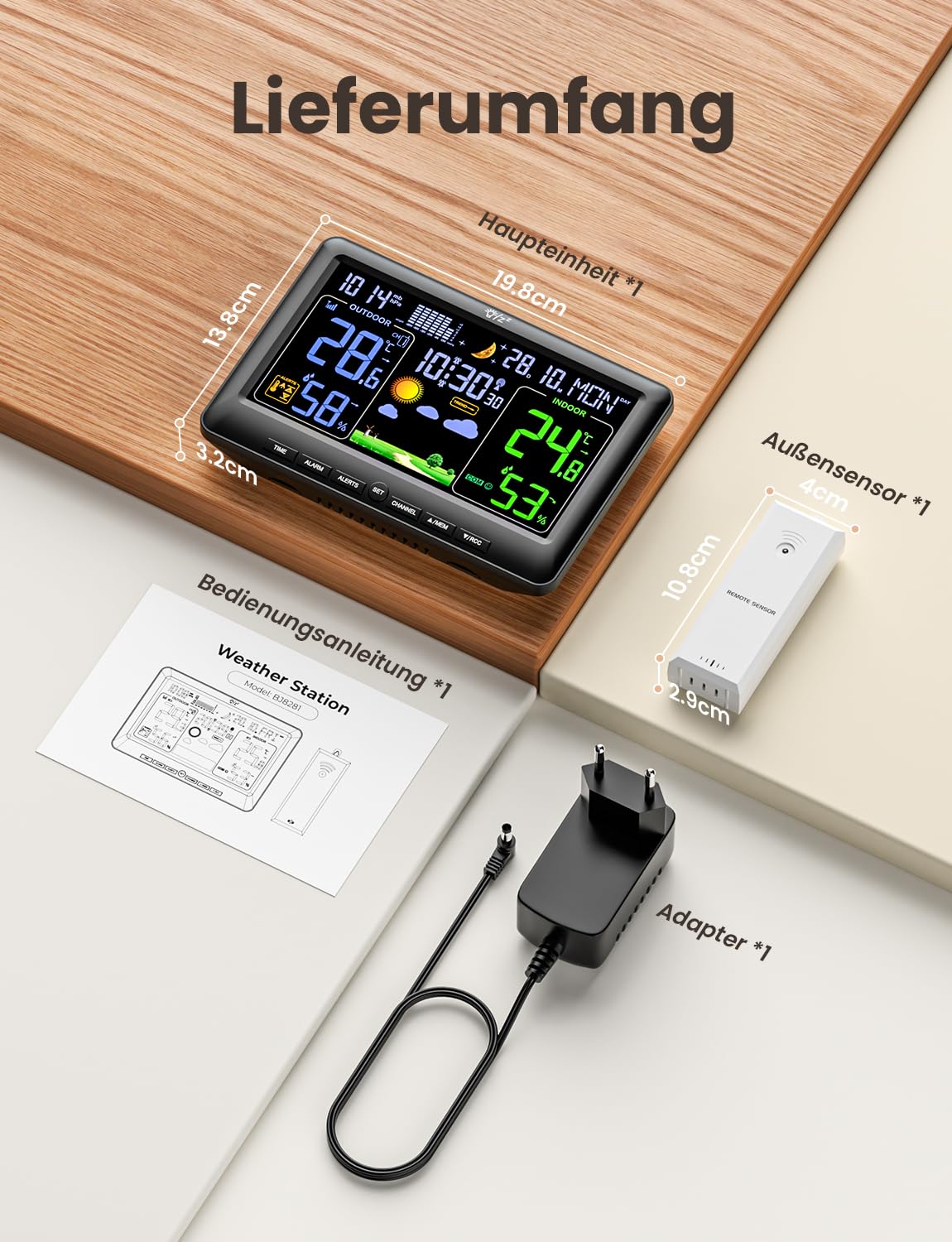 LIORQUE Wetterstation Funk mit 1 Außensensor Innen und Außen Funkwetterstation Digital Thermometer Hygrometer mit Wettervorhersage DCF-Funkuhr Weather Station für Zuhause Büro Hausgarten