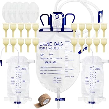 Condom Catheter External Self Sealing Set for Men,20pcs Latex Sets,1pcs 2000ml Catheter Bags,2pcs 1000ml Leg Urine Drainage Bags,5pcs Catheter Stabilization Device,1Tapes0.98inch/25mm/Small Size