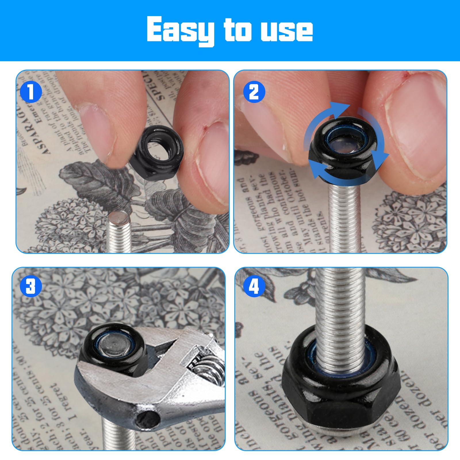 60 PzDadi M6, Dadi Autobloccanti in Acciaio Inox DIN 985, Dadi Esagonali, Metrica Dado di Bloccaggio Neri con Nylon per Viti Bulloni Filettati Barre Filettate(M6)
