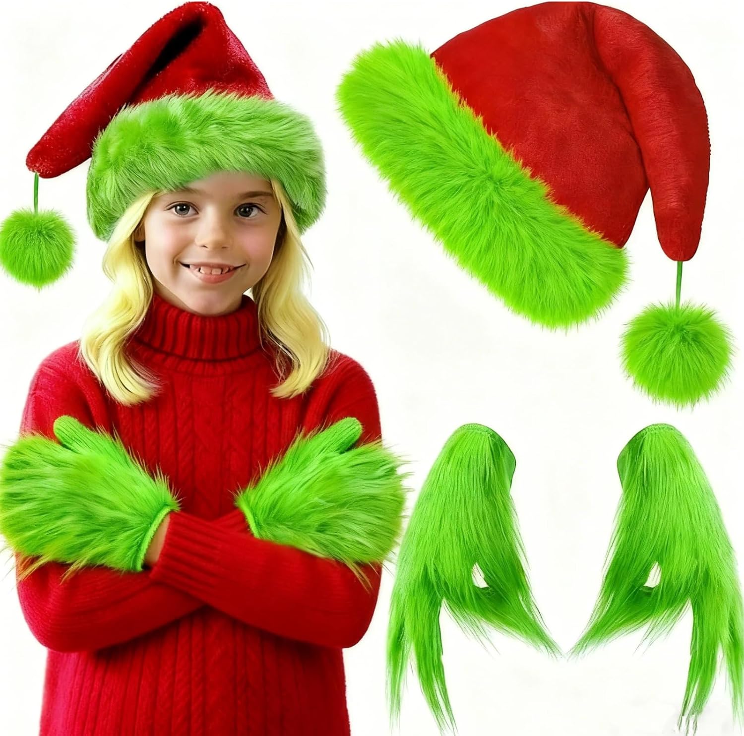 Kids Green Monster Furry Gloves Set for Boys Girls Book Week Parades School Dress-up Days Halloween Christmas Cosplay Costume