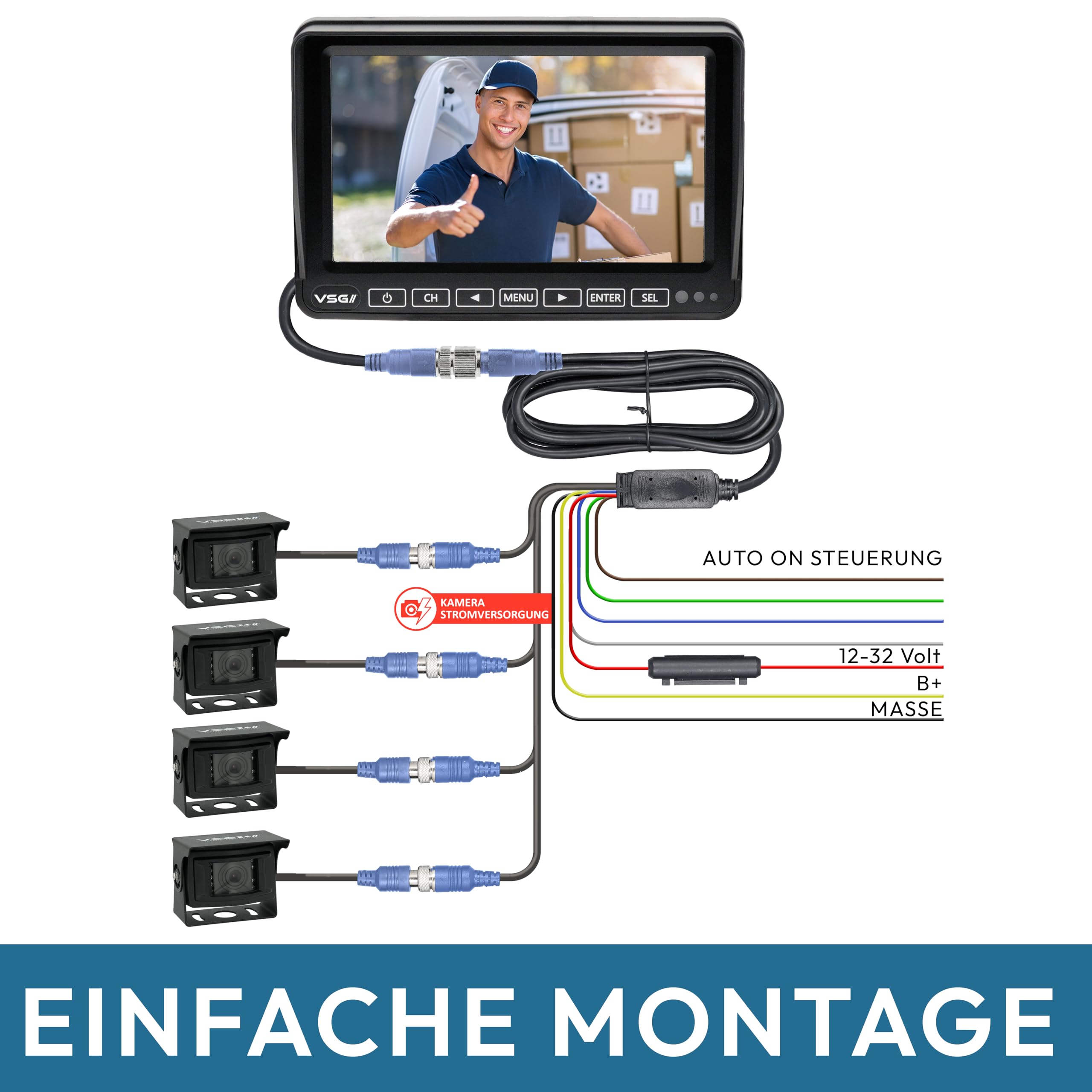 VSG24 Excellent HD Rückfahrmonitor – 7 Zoll Full HD Monitor – 4 Kameraeingänge – Touchdisplay – Loop-Aufnahme – 12 bis 32 V – für Wohnmobil, LKW & Transporter
