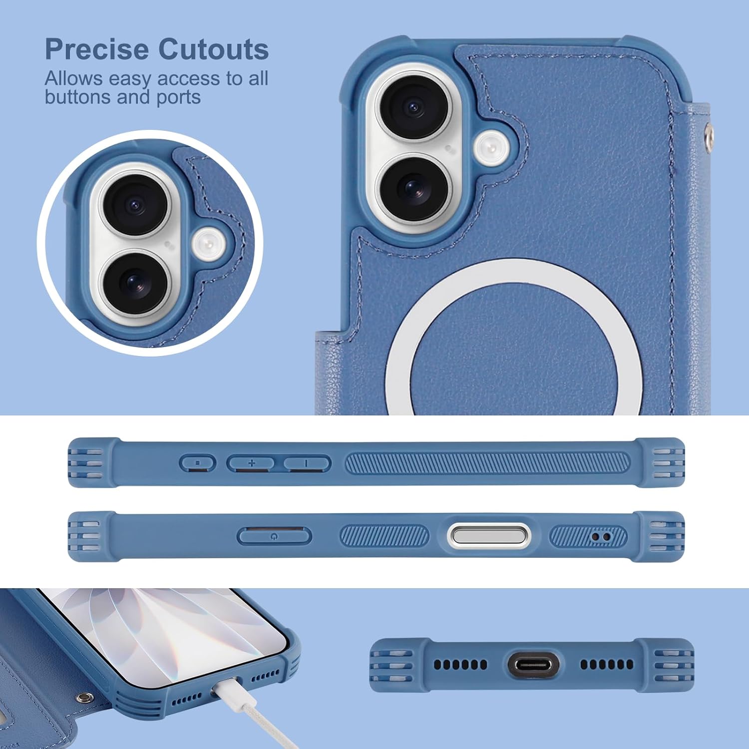 VANAVAGY Compatible for iPhone 17 Wallet Case for Magsafe Wireless Charging, PU Leather Flip Folio Shockproof Phone Cover with Wrist Strap RFID Blocking Card Holder [Screen Protector],Blue