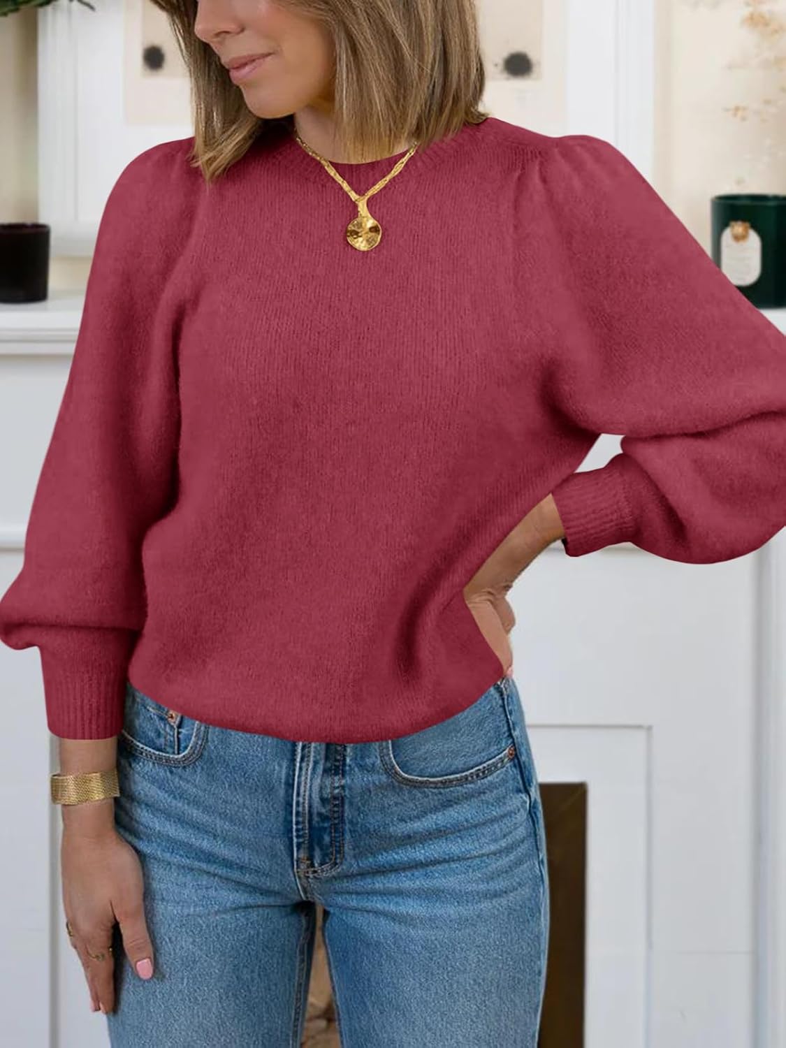 Saodimallsu Womens Puff Long Sleeve Sweaters Fall Crew Neck Cozy Soft Knit Loose Casual Pullover Tops Burgundy Small