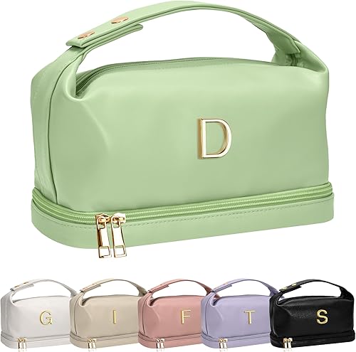 Vista 164 de Regalos Vogewood para mujeres, bolsa de maquillaje personalizada con asa, bolsa de cosméticos inicial de doble capa con organizador de brochas