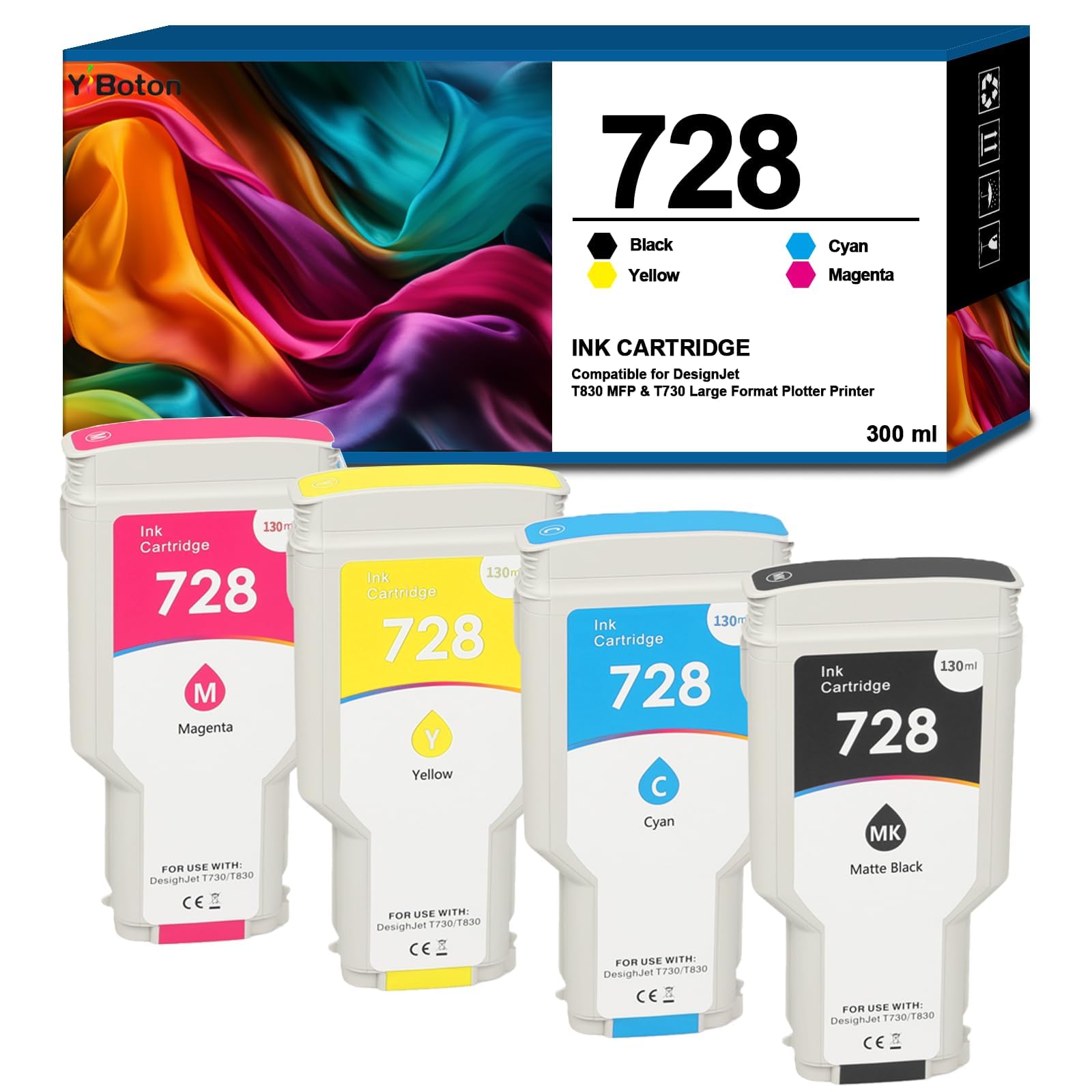High Yield 728 728XL Ink Cartridge 4-Pack (F9J68A F9K17A F9K16A F9K15A) Replacement for DesignJet T730 T830 MFP Large Format Plotter Printers