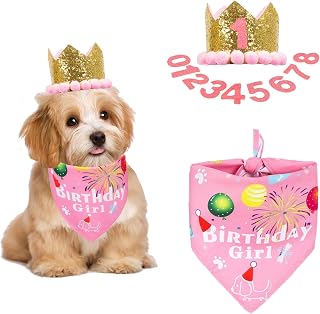 ADOGGYGO Dog Birthday Girl Bandana, Pink Birthday Hat, Age Numbers, Small | 3 Size, Breathable Bandana, Adjustable Golden Crown for Small Dog Birthday Party Photos