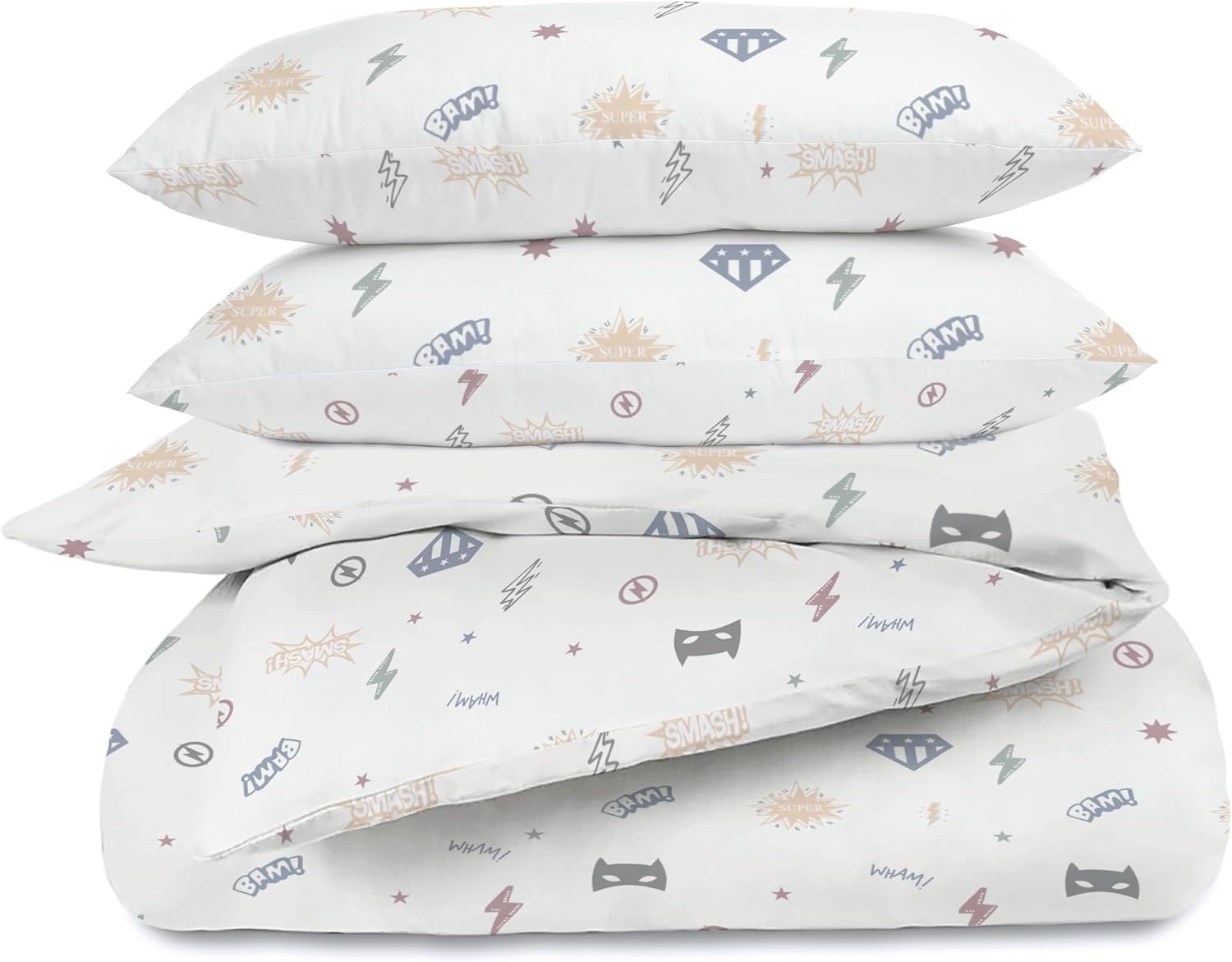 MakeMake Organics GOTS Certified Organic Cotton Full/Queen Duvet Cover Set (90" x 88") – Reversible, Soft, Breathable, Hypoallergenic – Includes 2 Pillowcases Superheros (20" x 30"), Mighty Heros