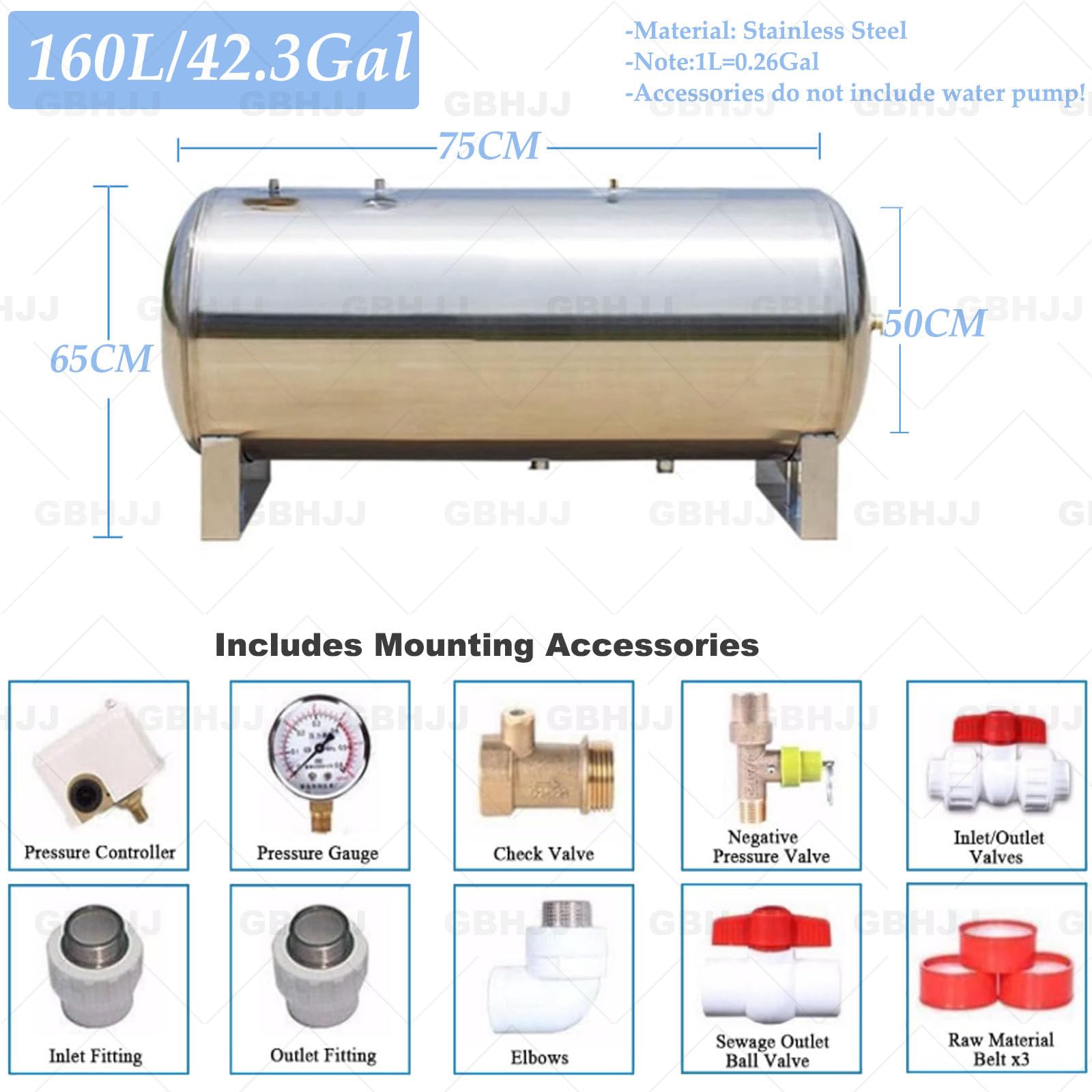 Serbatoio a pressione orizzontale in acciaio inox con kit di montaggio per stoccaggio dell'acqua e regolazione della pressione del sistema
