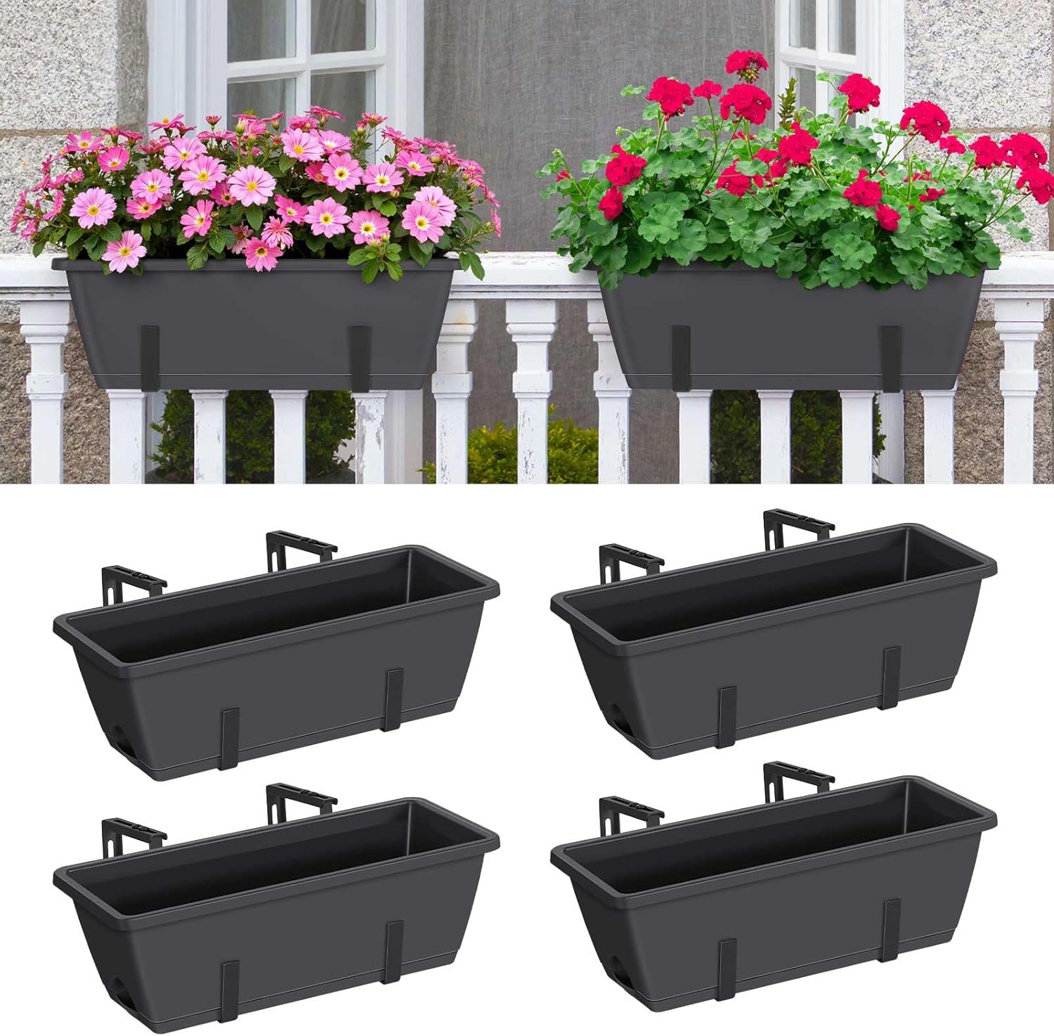 CADUKE 4 Pack Railing Planter Box Grey Window Flower Boxes with Brackets Hanging Fence Planters Plastic Outdoor Deck Railing Planter Boxes for Balcony Patio Garden