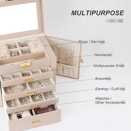 Miniatura 6 de V-LAFUYLIFE Joyero para mujer organizador de joyas de 3 capas con tapa de cristal 2 cajones cajas de joyería de almacenamiento de anillos aretes