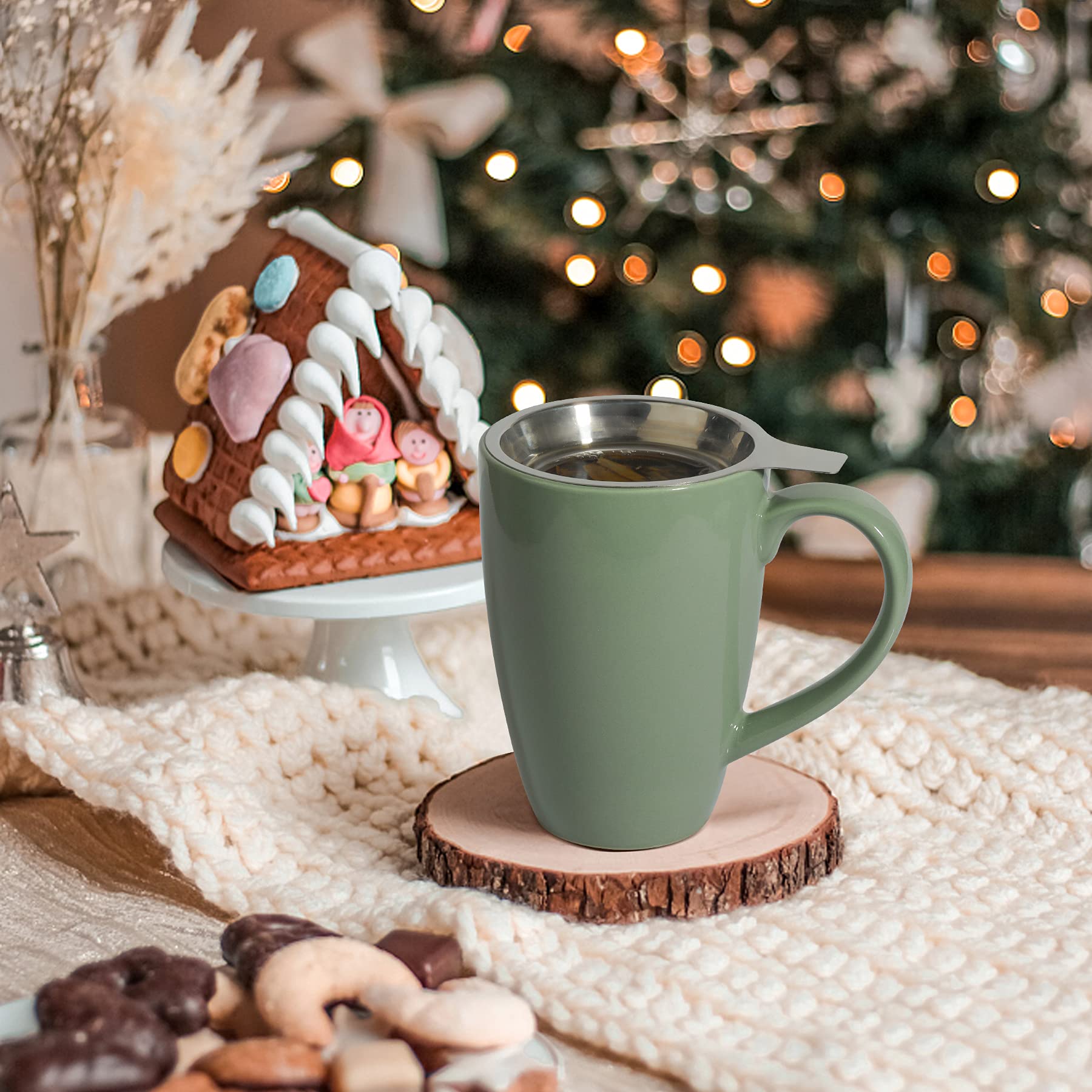 ComSaf Taza de té de cerámica con infusor y tapa, taza de porcelana grande de 16 onzas con filtro de té para hojas sueltas de té/bolsa de té, taza de té para oficina, hogar, verde