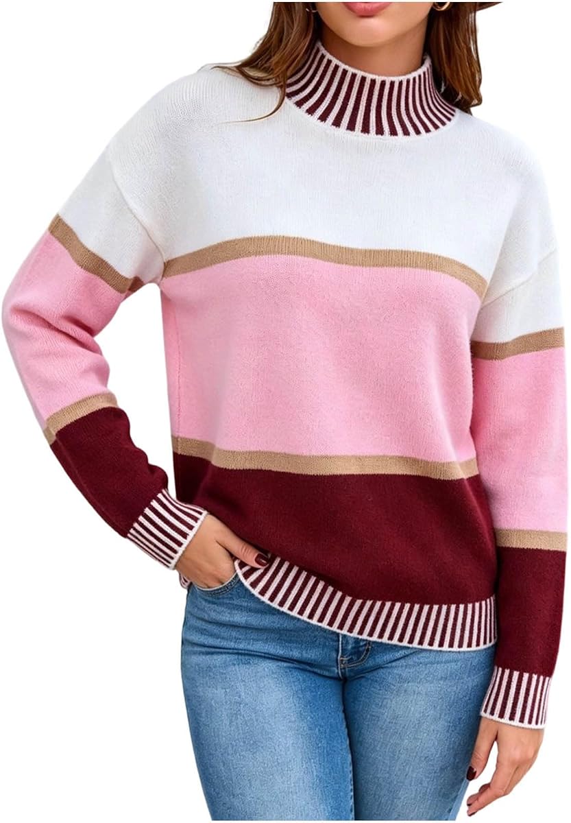 Mock Neck Sweaters for Women Striped Trim Pullover