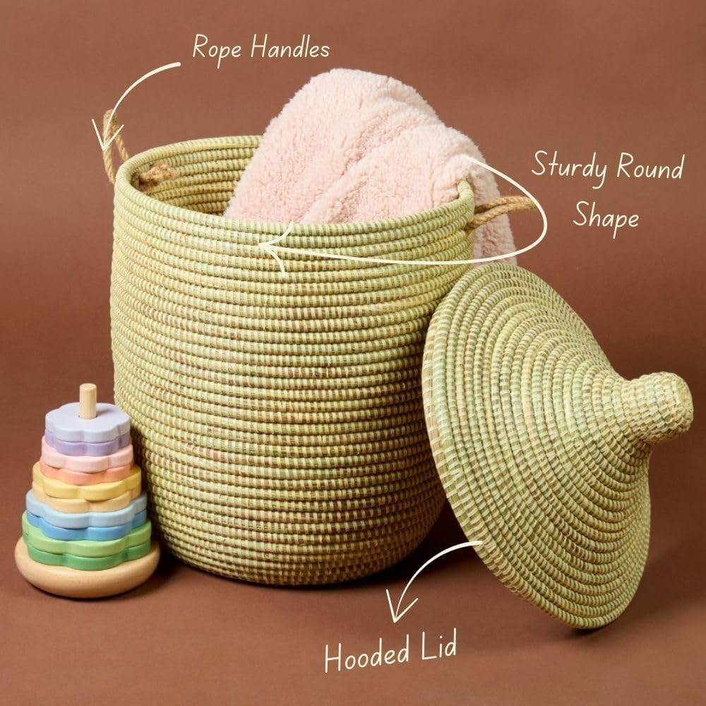 Small African Wicker Basket, 12 Inch Wide, 14 Inch Tall, Beige