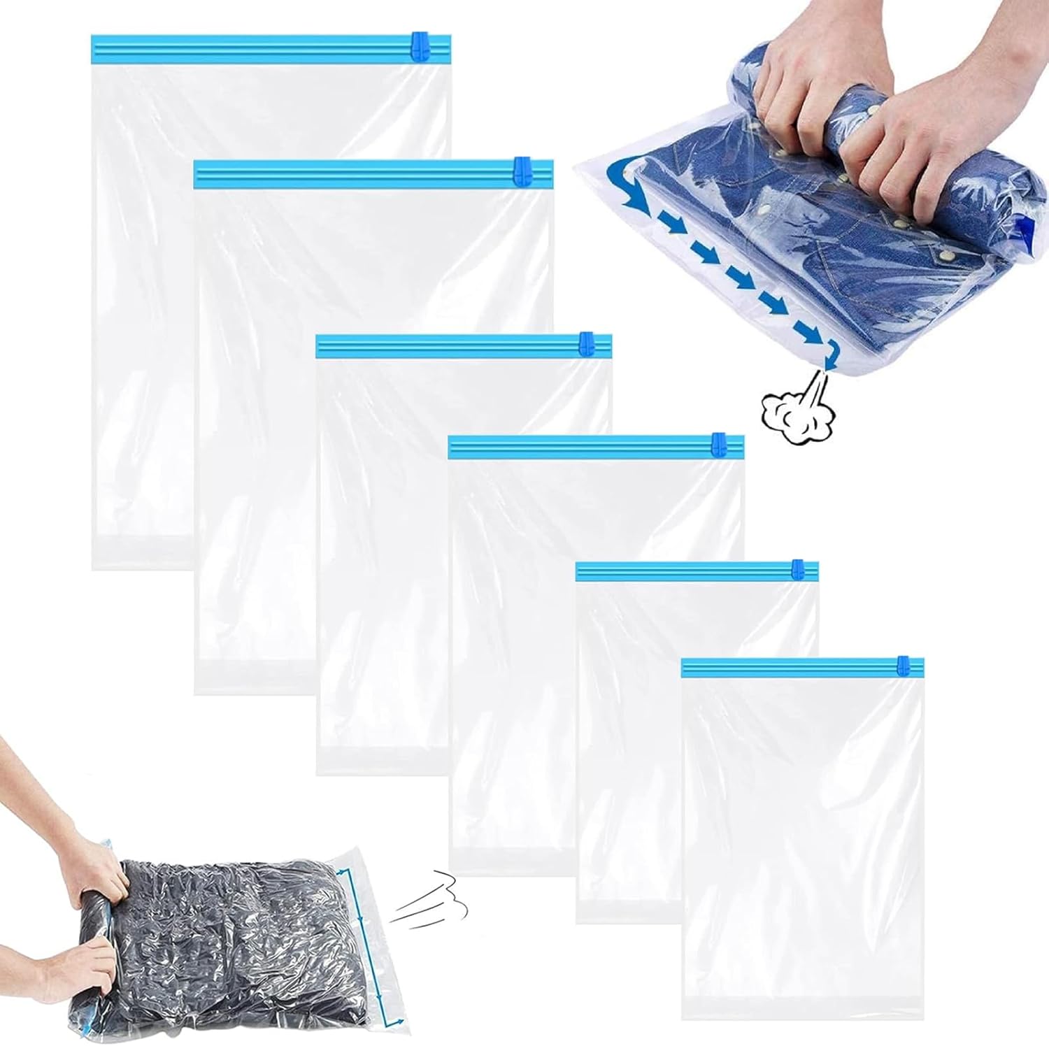 Pack of 6 Vacuum Storage Bags, Travel Vacuum Storage Bags for Clothing, Reusable, 2 Pieces 50 x 70 cm + 2 Pieces 40 x 60 cm + 2 Pieces 35 x 50 cm for Duvets, Bedding, Clothes, Pillows