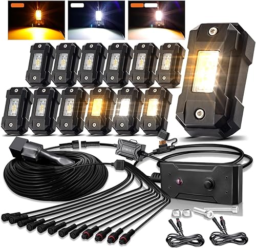 Switchback - Kit de luces de roca de LEDMIRCY color blanco y ámbar, 12 vainas, 6 modos de función de memoria, función de reinicio con arnés de