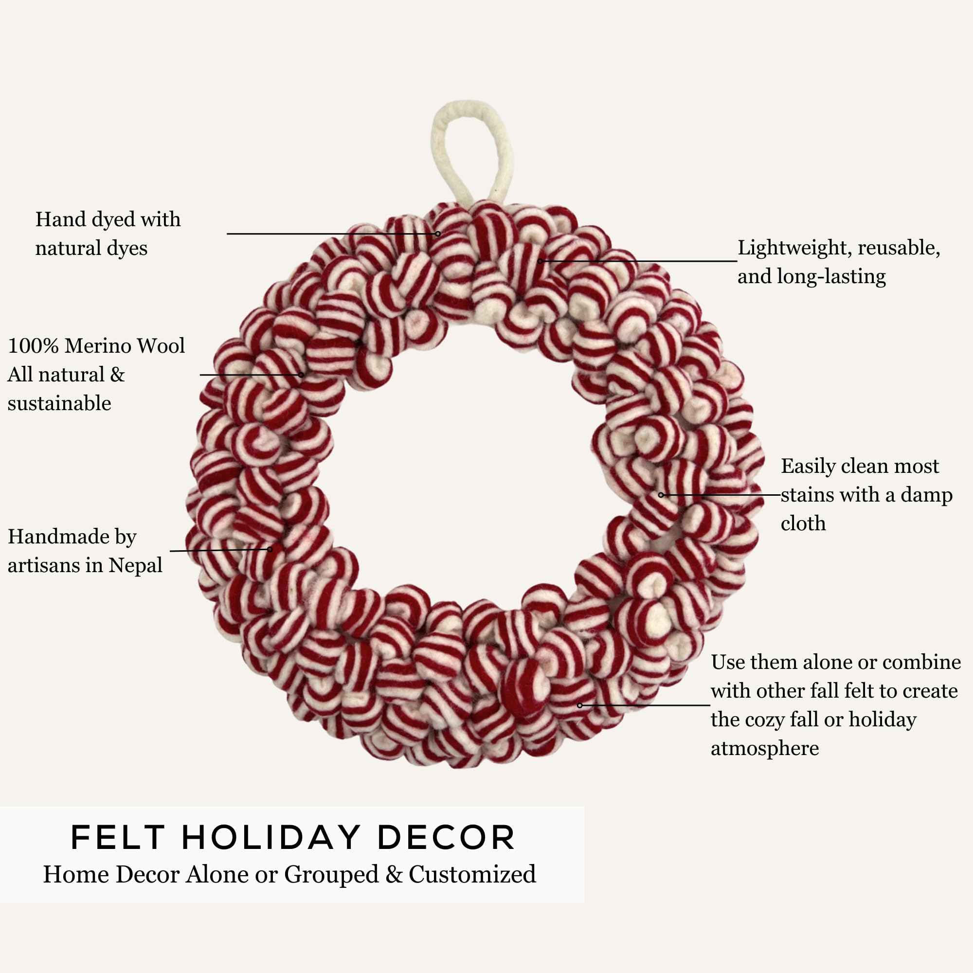 Humble Hilo Corona de flores de fieltro hecha a mano, corona de Navidad, decoración de otoño para puerta (corona navideña con bayas rojas)