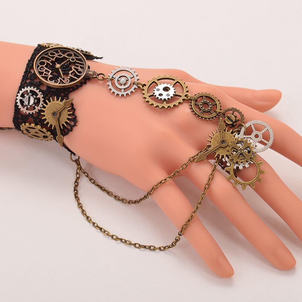 BLESSUME Steampunk Lace Bracelet with Finger Ring (Black 1(1pc)): Clothing, Shoes & Jewelry