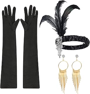 3Pcs 1920 Accessories Set, 1920s Flapper Gatsby Costume Accessories Vintage Gatsby Flapper Headband Accessories Set Roaring 20s Costumes Black Long Gloves Earrings for Women Ladies (Black)