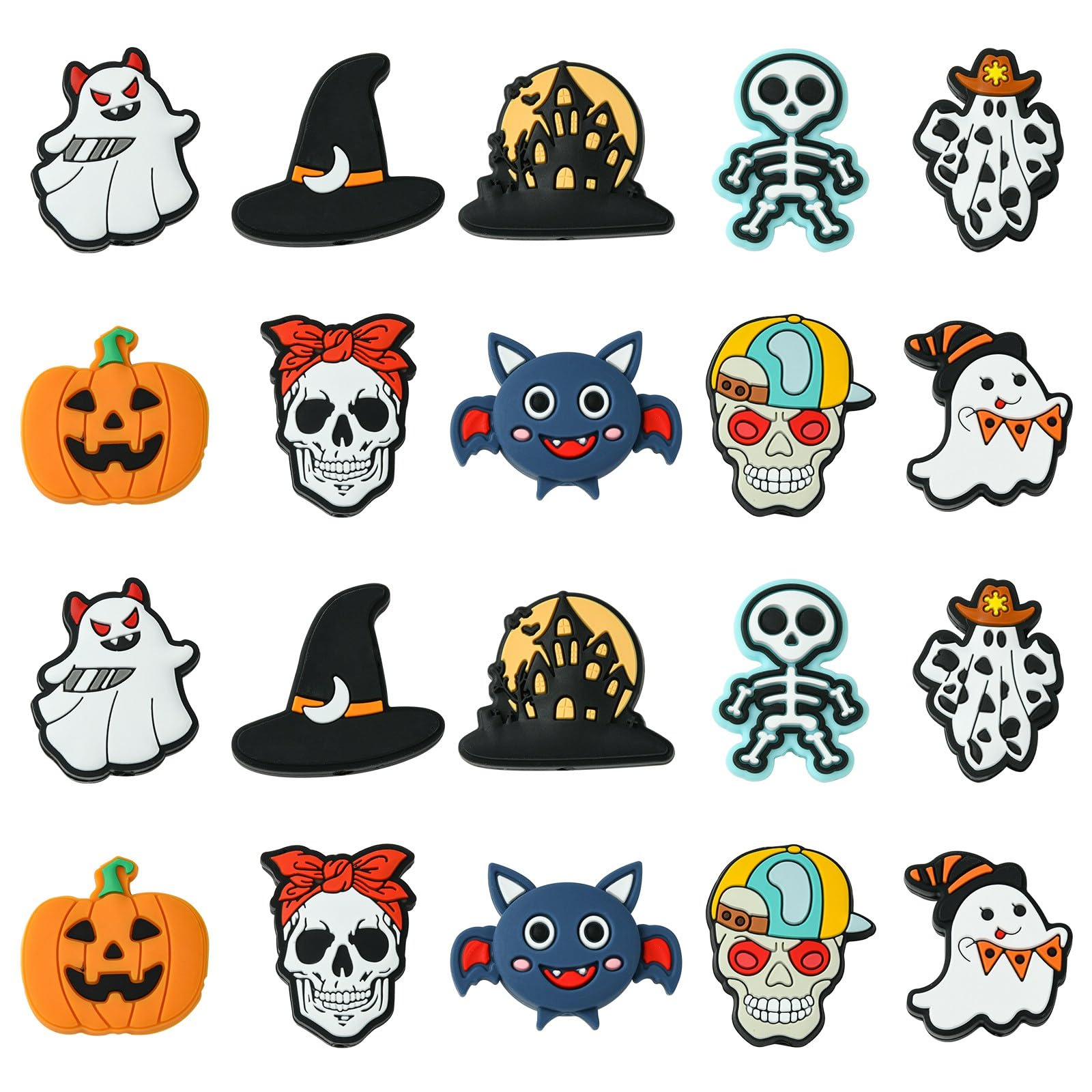 Boutigem Lot De 71 Perles Focales Rondes En Silicone Pour Halloween, 15 Mm, Violet, Noir, Blanc, Tête De Mort, Perles En Caoutchouc Assorties Pour Fabrication De Bijoux