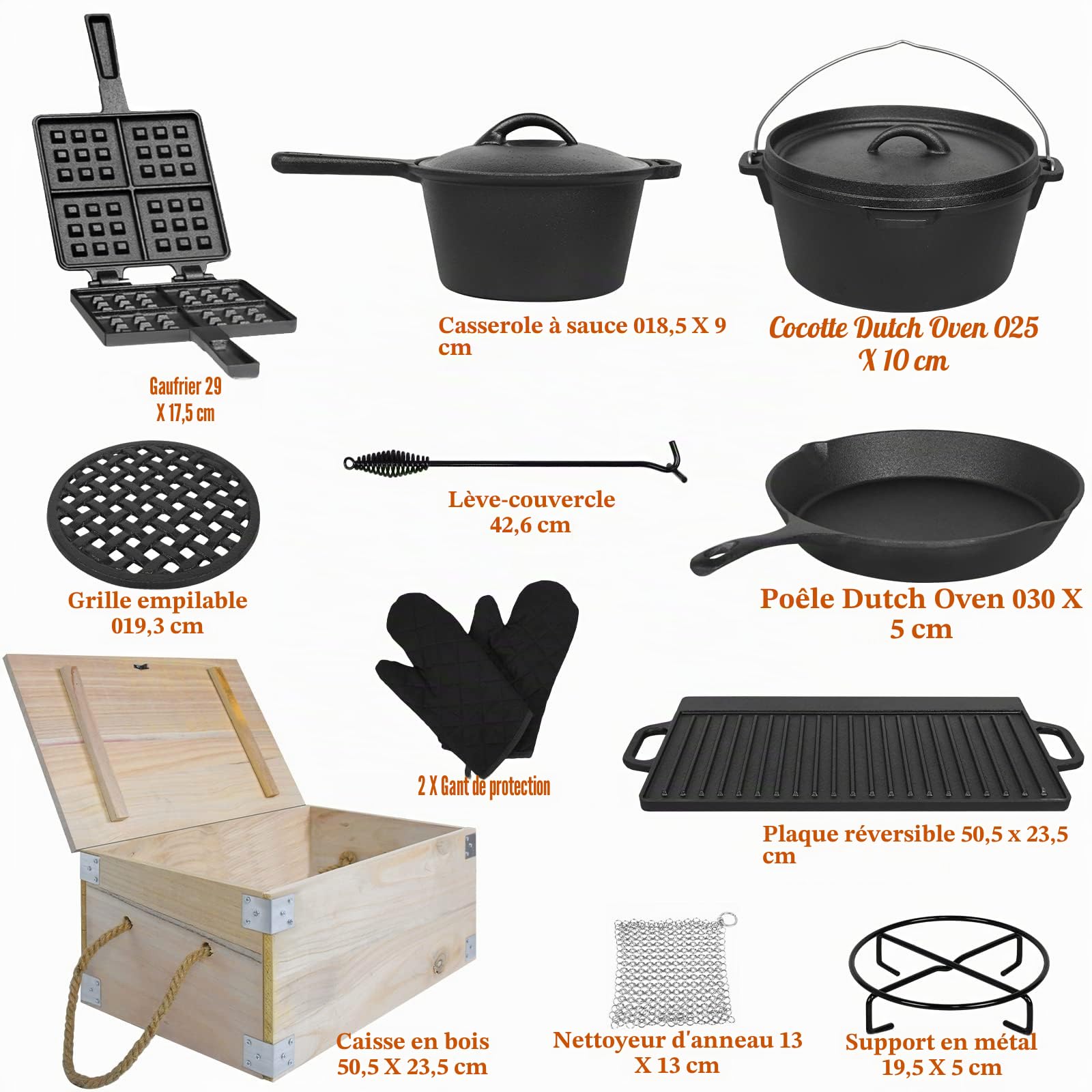 UISEBRT Dutch Oven Set 12 pièces dans une boîte en bois Four Néerlandais - Beaucoup d'accessoires en fonte déjà brûlée- Avec Dutch Oven, plaque de barbecue, Poignée, Support