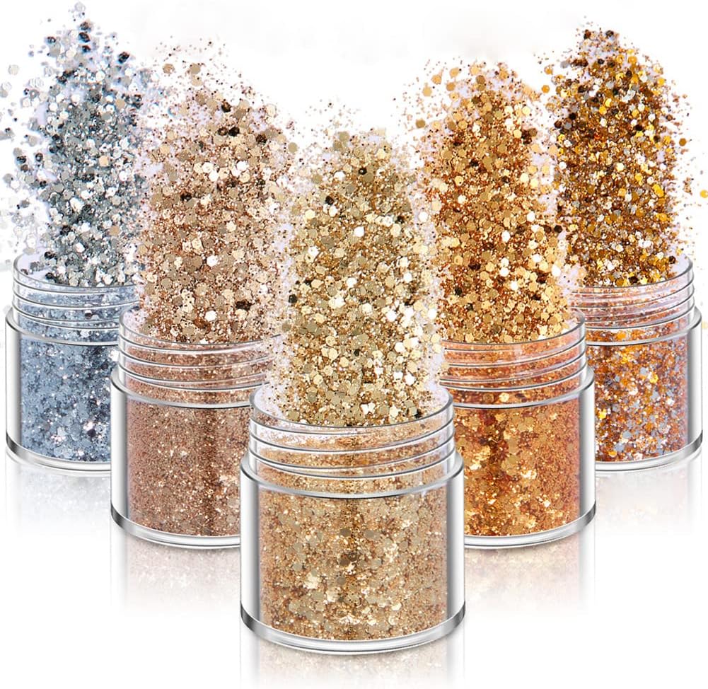 Holographic Nail Art Glitters Gold Silver Nail Sequins 3D Laser Acrylic Nails Powder Dust Flakes Nail Art Supplies for Nails Art Decoration Nail Sparkle Manicure Accessories Glitters Crafts 5 Boxes