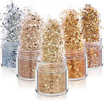 Holographic Nail Art Glitters Gold Silver Nail Sequins 3D Laser Acrylic Nails Powder Dust Flakes Nail Art Supplies for Nails Art Decoration Nail Sparkle Manicure Accessories Glitters Crafts 5 Boxes