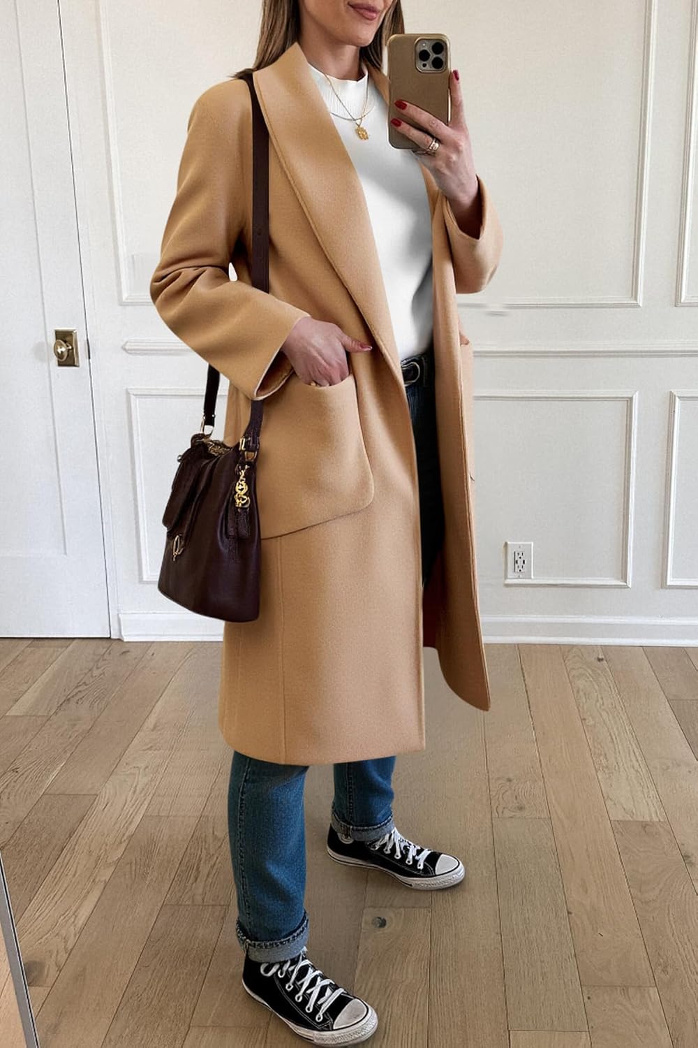 Cicy Bell Womens Open Front Pea Coats Classic Lapel Long Trench Coats Loose Fall Winter Outwear with Pockets - Image 5