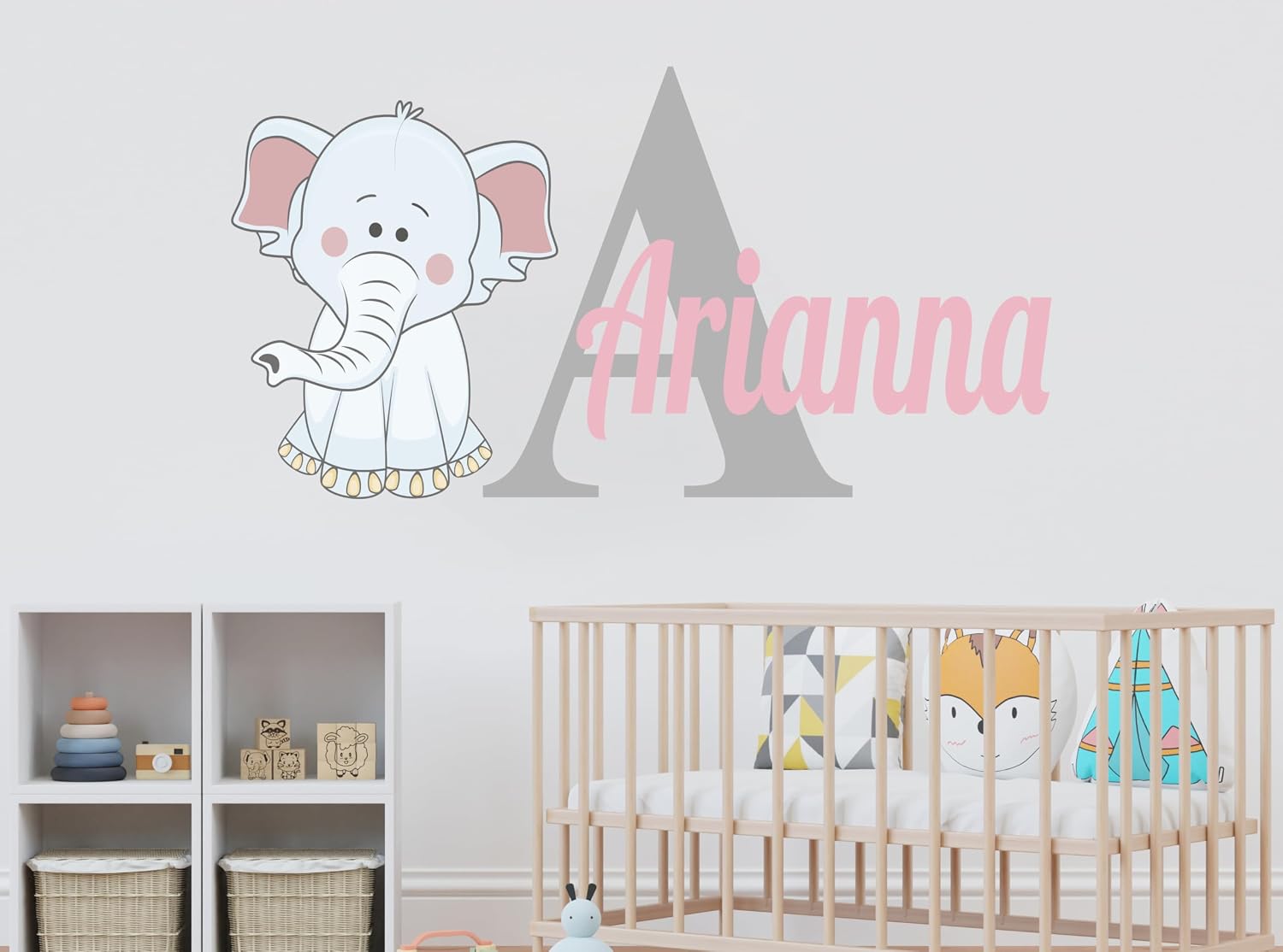 Elephant Name Wall Decal - Personalized Nursery Wall Sticker with Intial - Custom Elephant Wall Art for Baby Room, Playroom or Kids Bedrrom - Vinyl Removable Decal for Decor (Wide 40"x19" Height)
