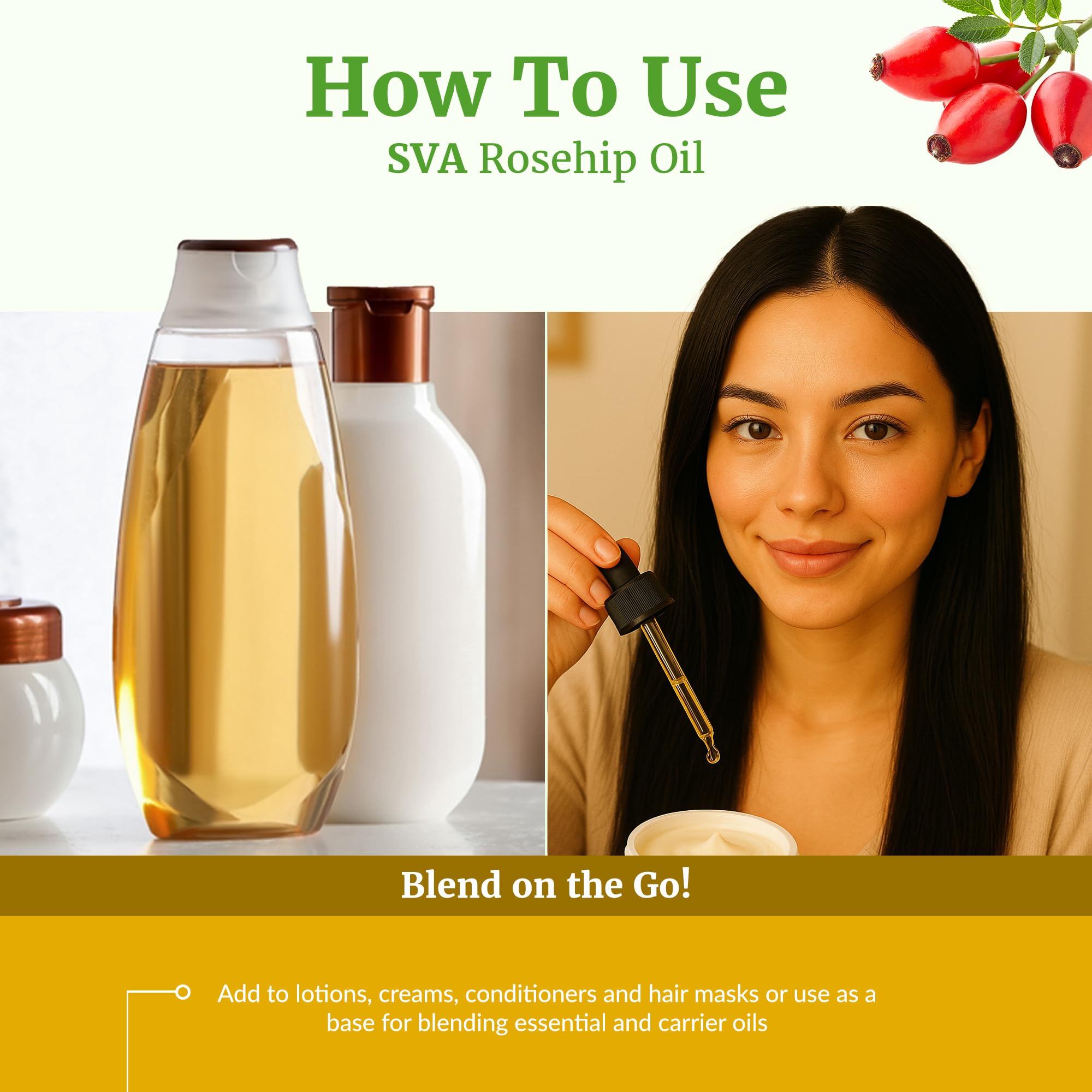 SVA ORGANICS Hagebuttenöl, kaltgepresst, 100% reines und natürliches, unraffiniertes Trägeröl in therapeutischer Qualität mit Pipette für Gesicht, Haut, Körper, Lippen, 4 oz