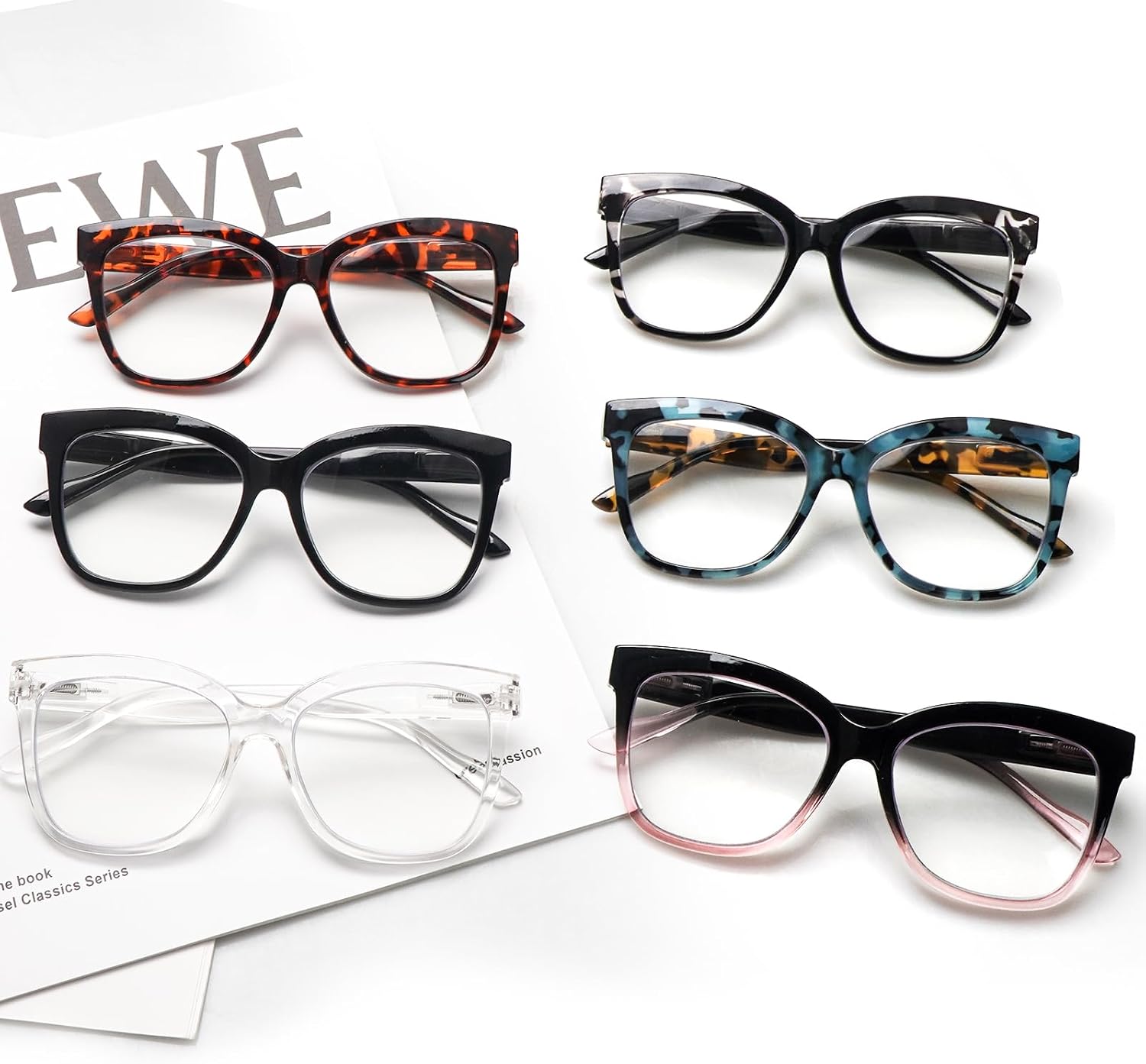 6 Pack Fashion Reading Glasses for Women - Blue Light Blocking Square Readers Anti Eyestrain Eyeglasses Spring Hinge