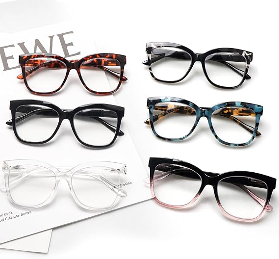 6 Pack Fashion Reading Glasses for Women - Blue Light Blocking Square Readers Anti Eyestrain Eyeglasses Spring Hinge
