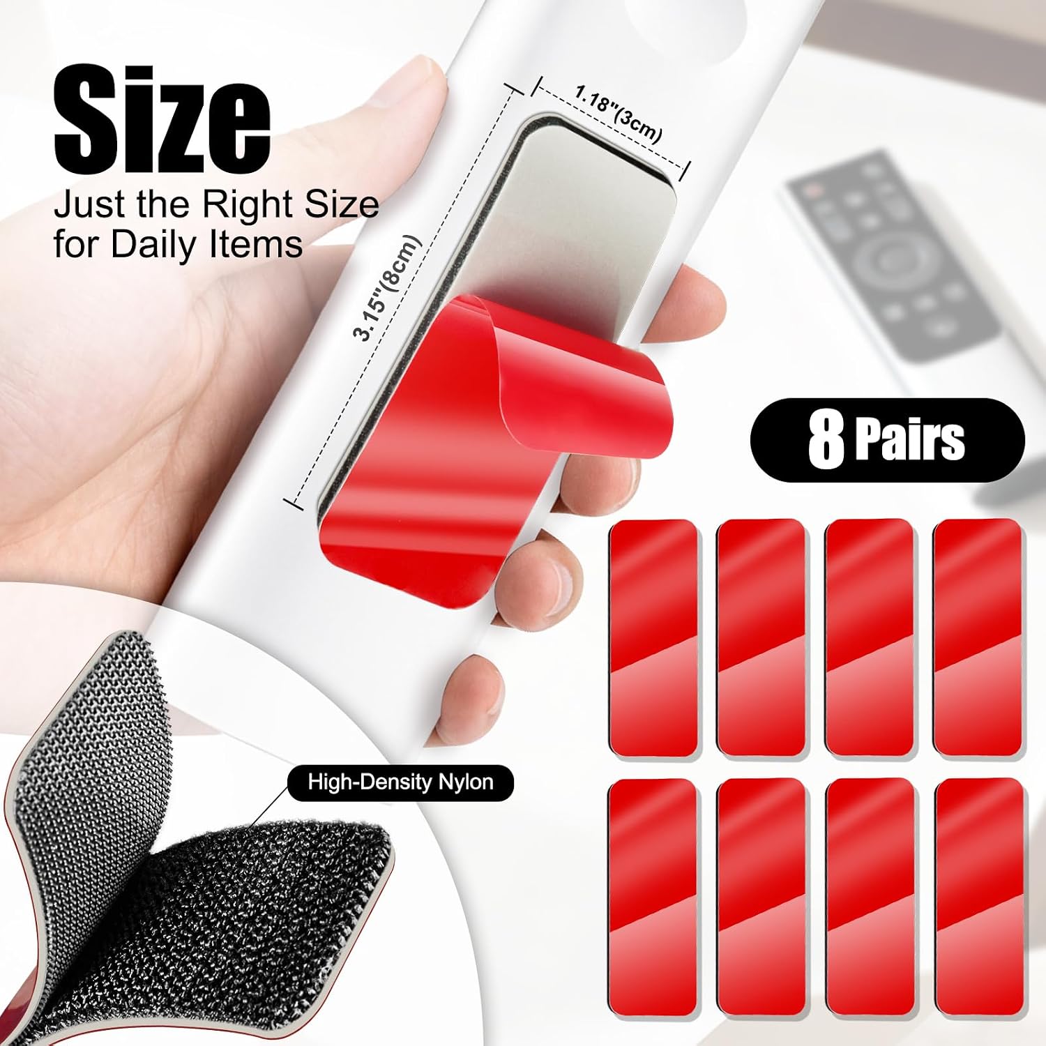 Heavy Duty Adhesive Hook and Loop Strips, 8 Sets (1.18” x 3.15”), Waterproof & Heat Resistant – Strong Mounting Fastener for Indoor Outdoor, Wall, Glass, Tile, Metal, Wood