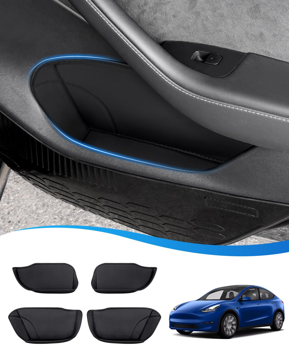 Shademax Tesla Model Y Car Door Side Storage Protector,Front and Rear Door Slot Tray for Tesla Model Y Interior Accessories 2020 2021 2022 2023 2024,Tesla Organizer Mat PU Material Black 4PCS