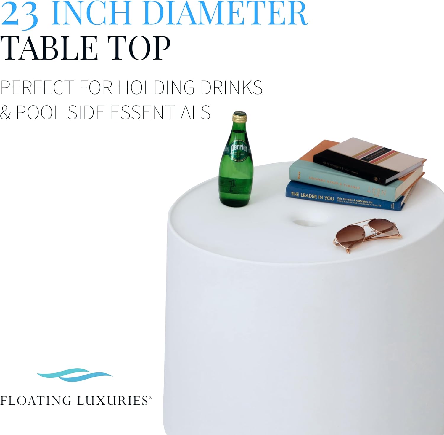 Floating Luxuries in Pool Kai Side Table with Umbrella Hole, White Umbrella Stand Table for Pool Shelf, Up to 15 Inches of Water, Holds Umbrella 1.5 Inches Diameter
