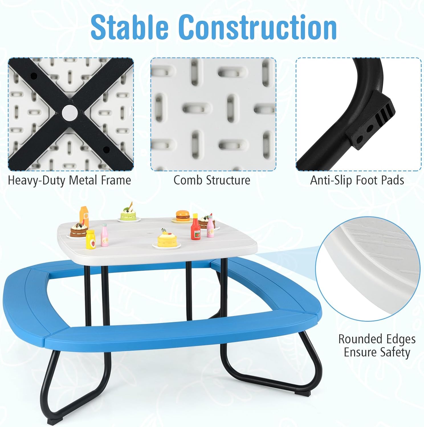 KOTEK 8-Person Kids Picnic Table, Toddler Activity Table with Removable Umbrella, 4 Built-in Benches, HDPE Top & Metal Frame, Kids Outdoor Table for Patio Garden Backyard (White+Blue)