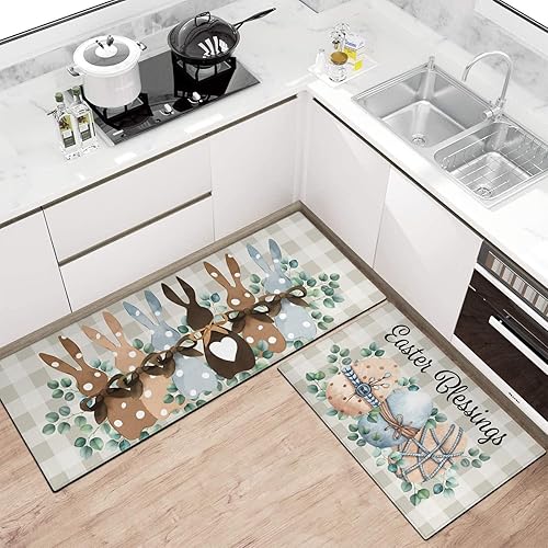 Miniatura 2 de Xsinufn Juego de 2 alfombras y tapetes de cocina de Pascua, huevos de conejito de Pascua, conejo, antideslizantes, lavables, decoración para el