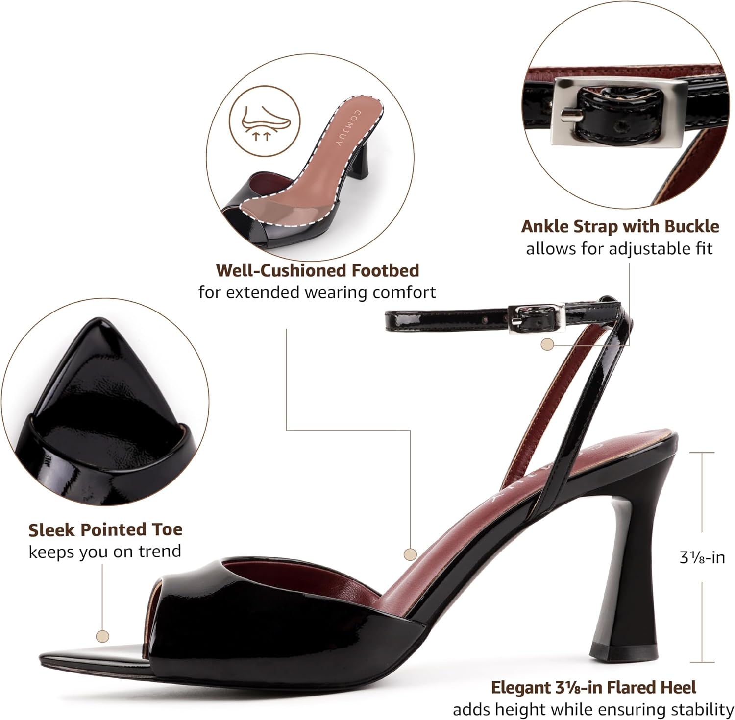 High Heels for Women Peep Pointed Toe Kitten Heeled Sandals Strappy Flared Heels Elegant Leather Sandals Comfortable Chic Summer Prom Wedding Sexy Dress Shoes