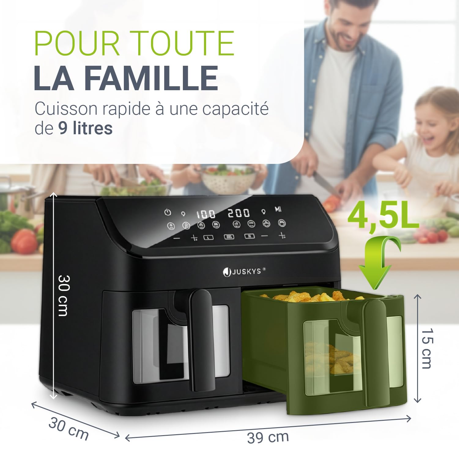 Juskys Friteuse à air chaud 9 l Deux tiroirs - Friteuse XXL à 2 paniers, 9 programmes, Smart Finish, revêtement enduit