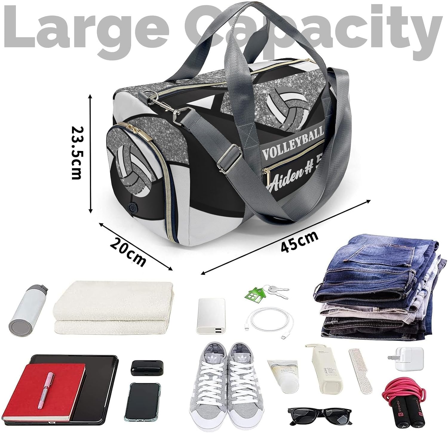 XOZOTY Gray Volleyball Bling Glitter Print Waterproof Duffel Bag with Shoe Compartment Gym Dance Sport Perform Training Travel Bag for Boys Girls Teens Women Men