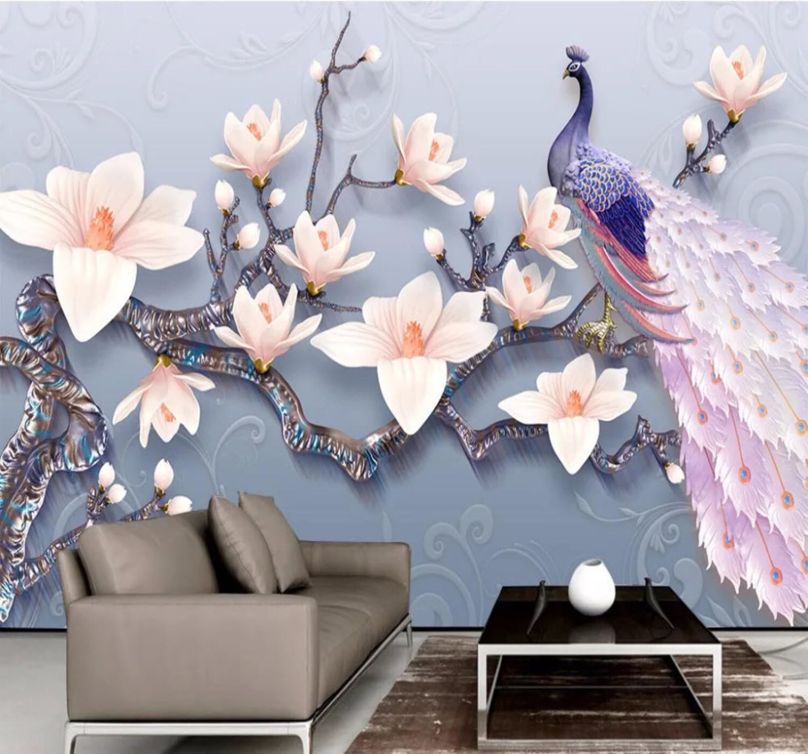 Three Dimensional Relief Magnolia Peacock Art 3D Wallpaper Easy Install Feature Office Living Room Sofa Bedroom TV Background Wall Decoration-350cm×256cm