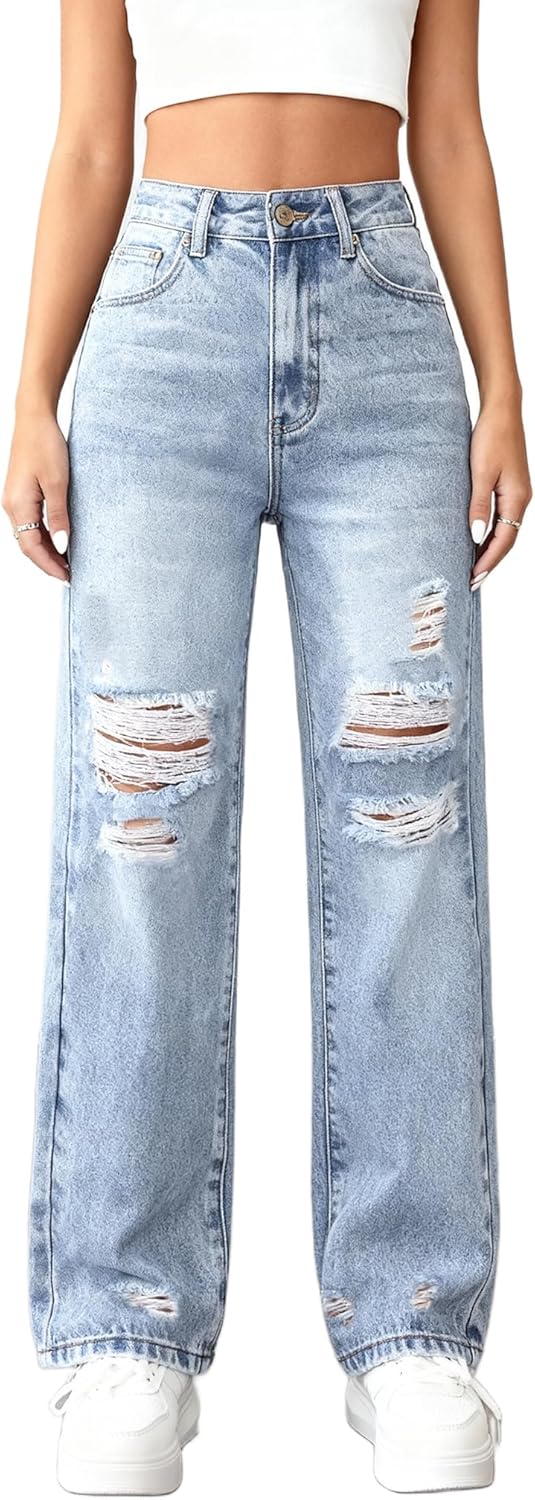 HBER Ripped Straight Leg Jeans for Women High Waisted Casual Loose Distressed Boyfriend Denim Pants Y2K Streetwear