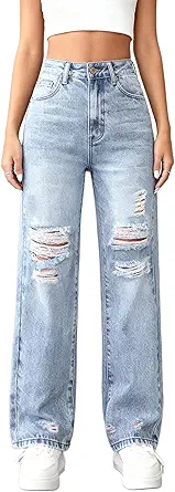HBER Ripped Straight Leg Jeans for Women High Waisted Casual Loose Distressed Boyfriend Denim Pants Y2K Streetwear
