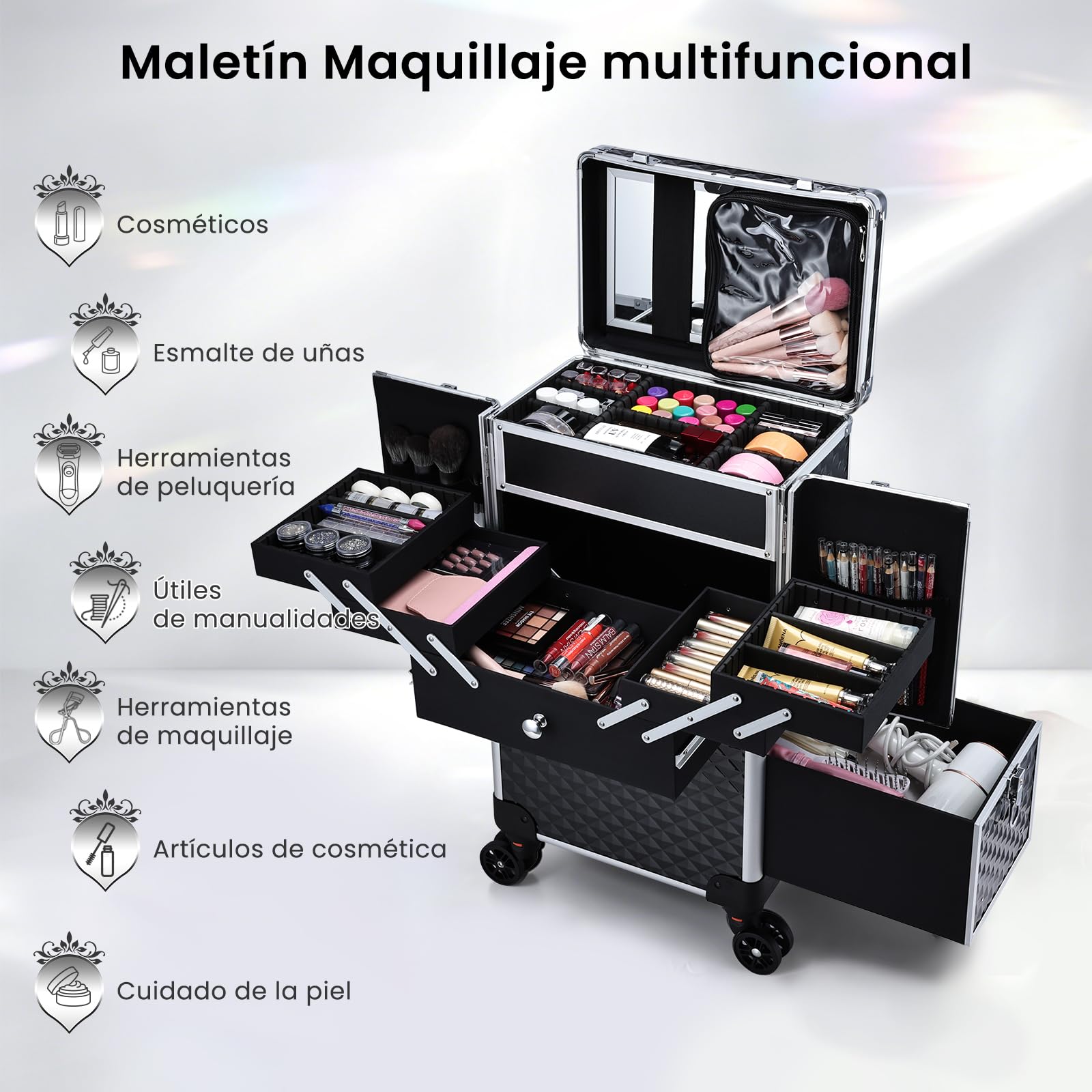 Maleta de Maquillaje con Ruedas Profesional, Maletín de Manicura y Peluquería con Espejo, Cajón Deslizante y Asa Telescópica, Ruedas 360° con Freno, Organizador de Belleza para Salón o Viaje, Negro