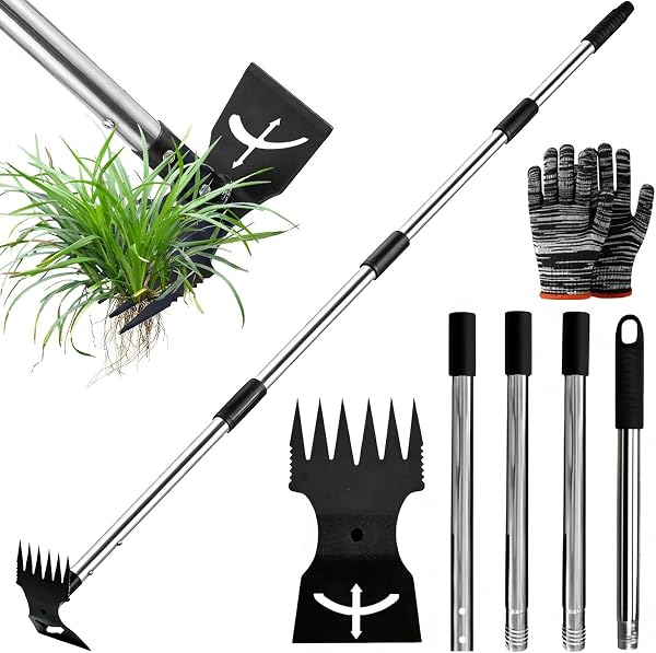 150cm Weed Puller Tool with Long Handle, 2-in-1 Manual Weeding Rake and Garden Hoe, Adjustable-length Weed Remover Hoe for Yard, Patio, Vegetable Patches, Lawn & Garden - 1