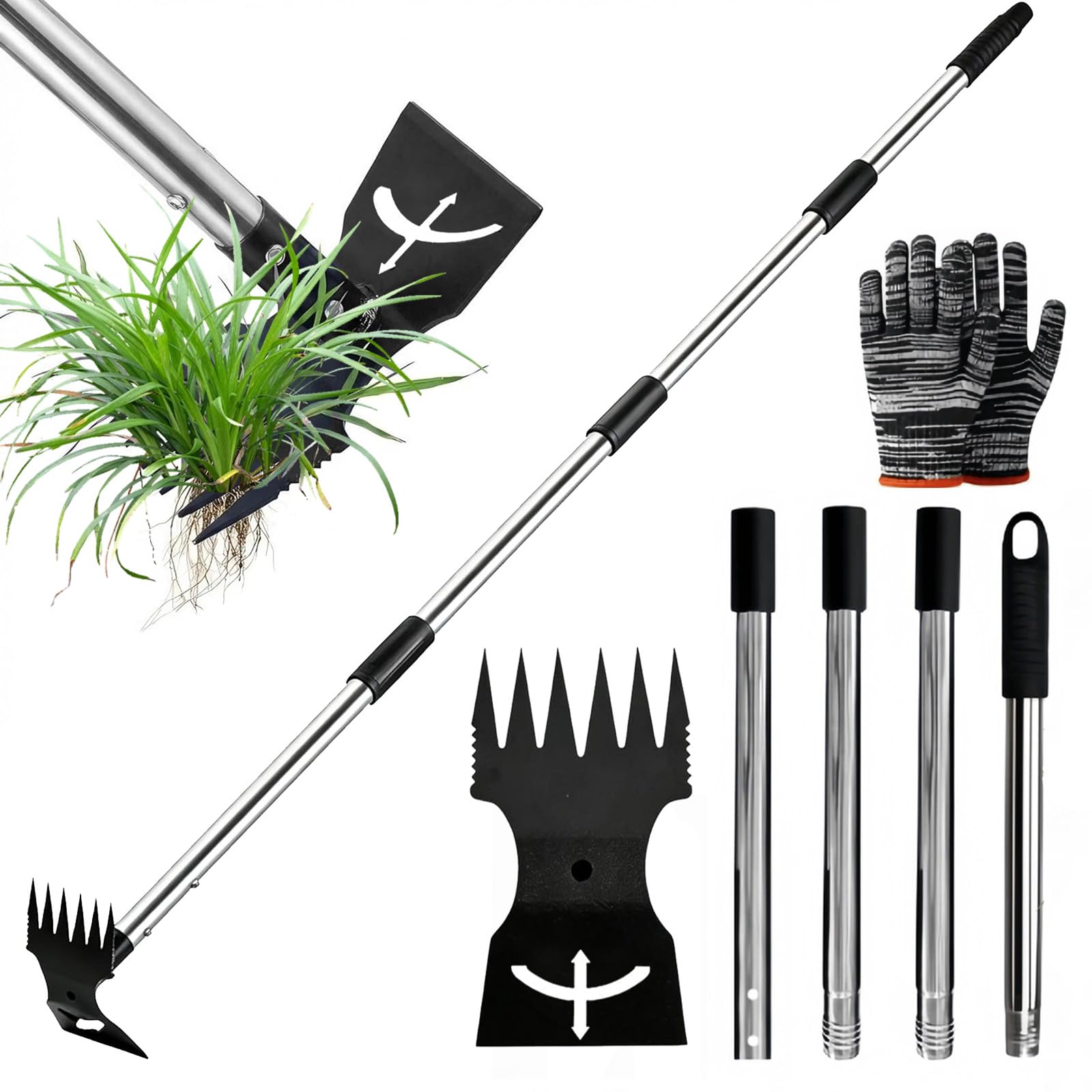 ZBXSNK 150cm Weed Puller Tool with Long Handle, 2-in-1 Manual Weeding Rake and Garden Hoe, Adjustable-length Weed Remover Hoe for Yard, Patio, Vegetable Patches, Lawn & Garden