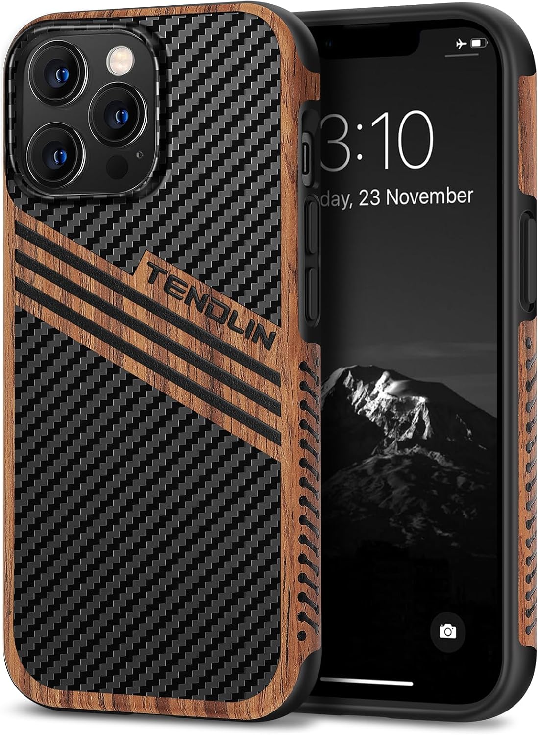 TENDLIN Magnetic Case Compatible with iPhone 13 Pro Max Case Wood Grain with Carbon Fiber Texture Design Leather Hybrid Slim Case (Compatible with MagSafe) Black