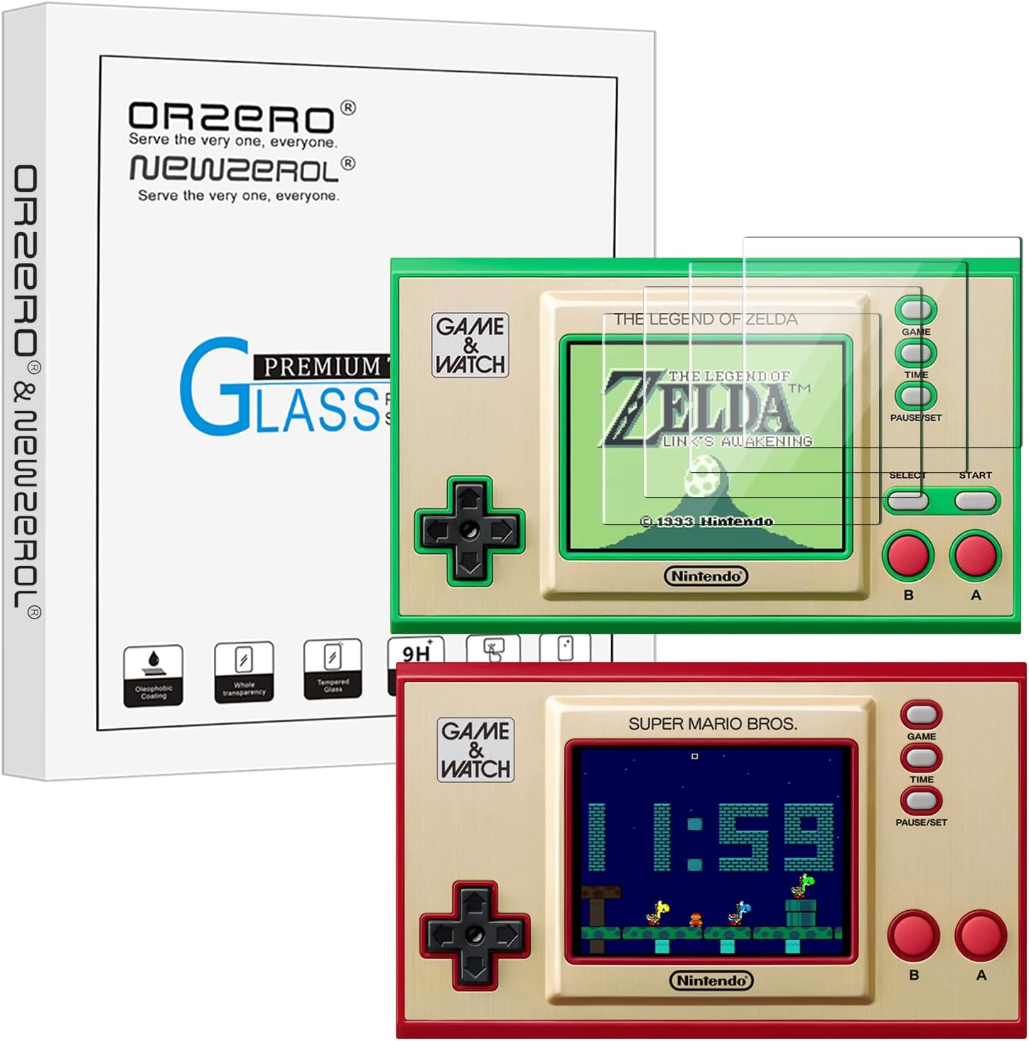 (4 Pack) Orzero Compatible for Game & Watch The Legend of Zelda, Super Mario Bros Tempered Glass Screen Protector, 9 Hardness HD Anti-Scratch (Lifetime Replacement)